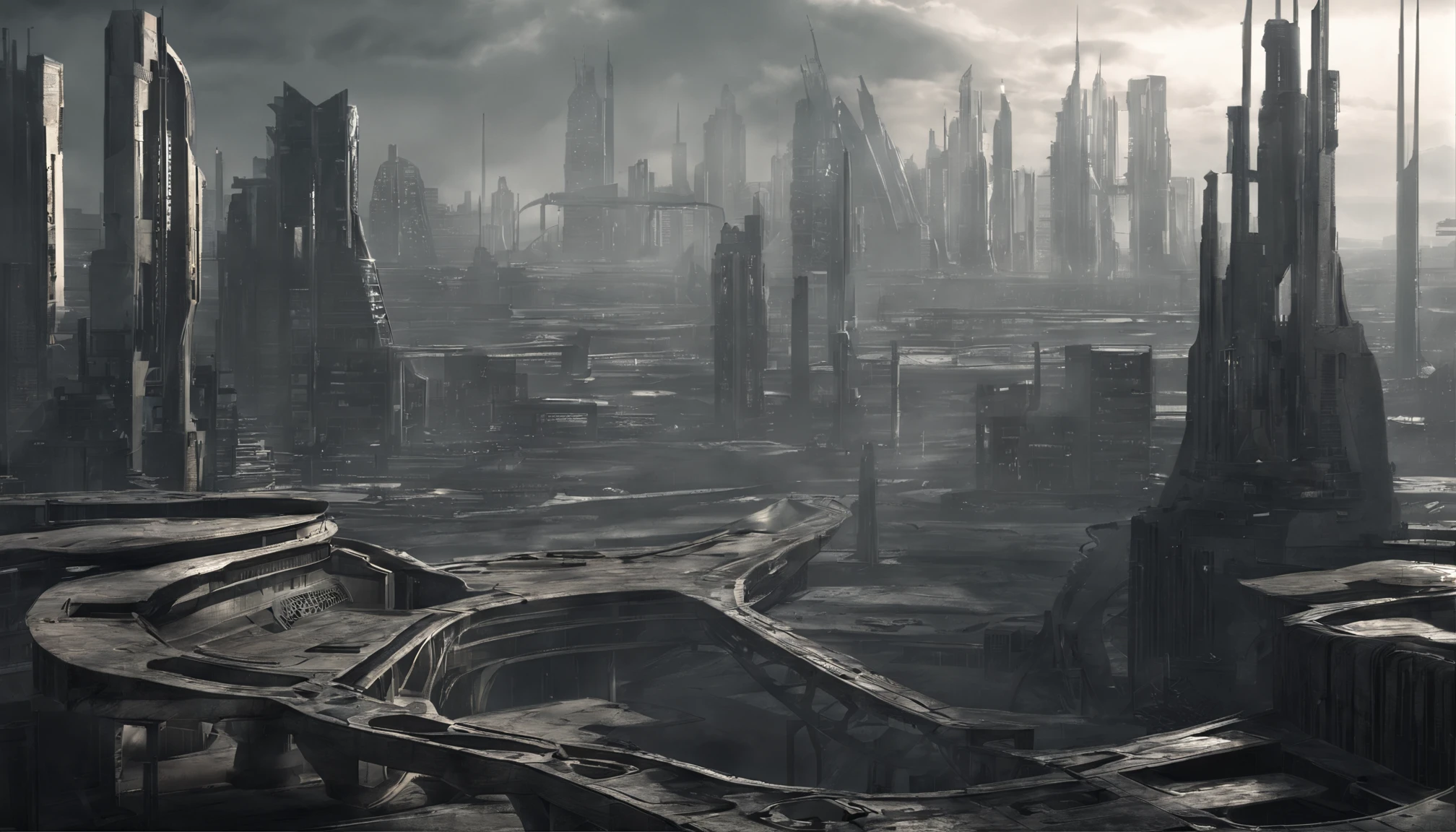 A dystopian futuristic metropolis with lots of brutalist architecture