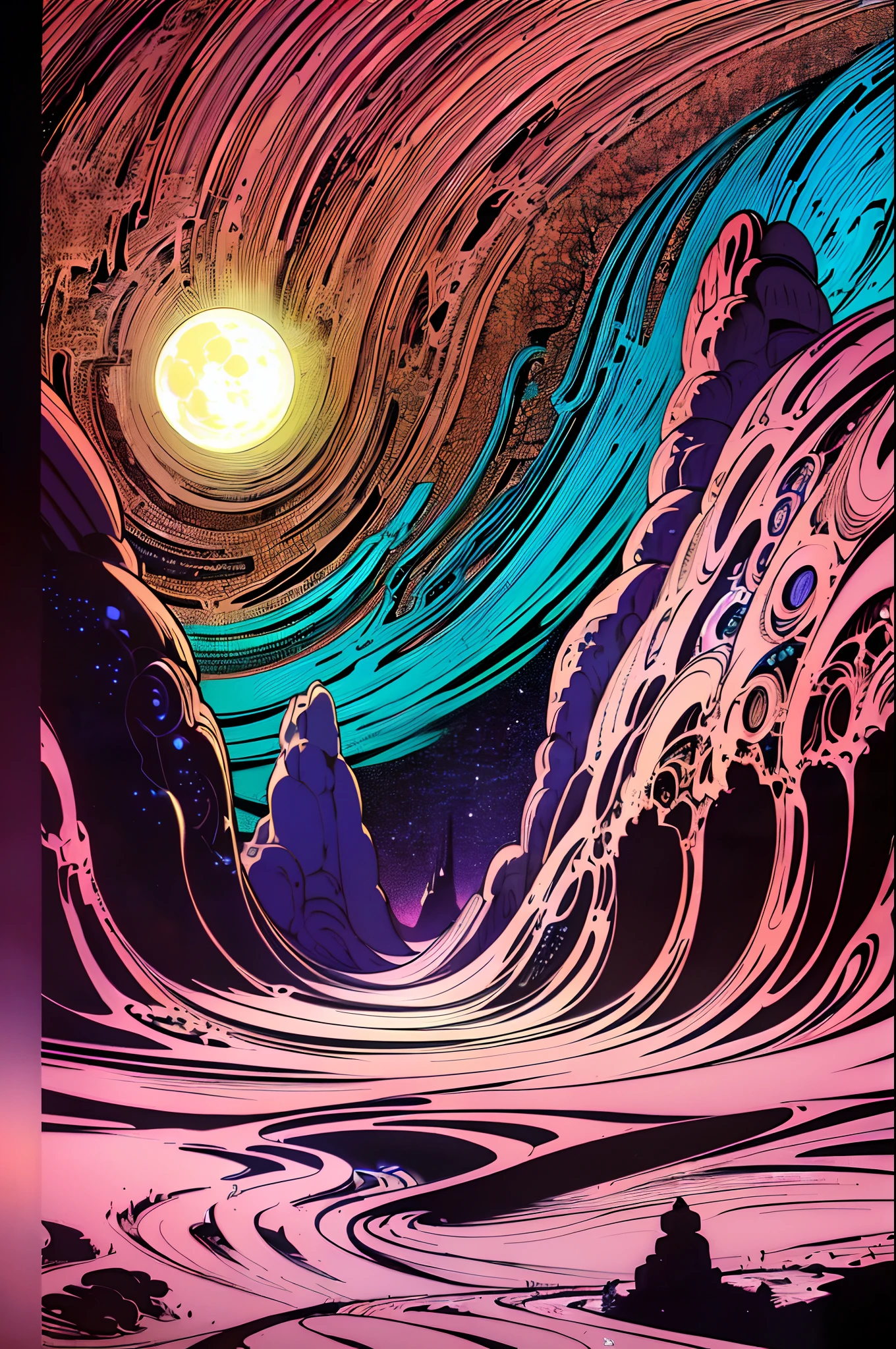 (best quality,4k,8k,highres,masterpiece:1.2),ultra-detailed,(realistic,photorealistic,photo-realistic:1.37),by Moebius,methurlant, intricate, surreal, gritty, atmospheric, cinematic, stylized contrast, comic, eerie, cybernetic, futuristic, surreal fairy landscape, sun, planet, cake, moon
