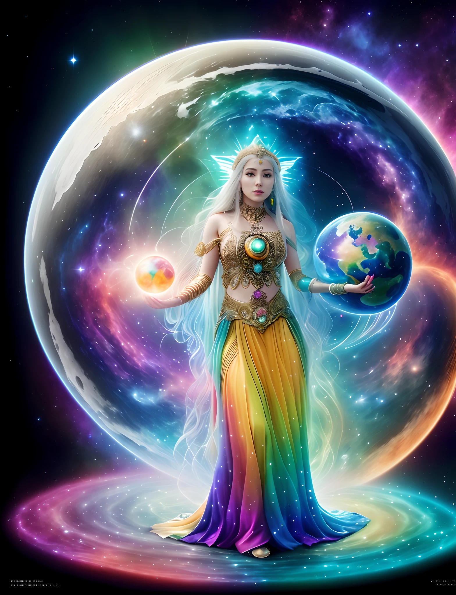 (full body standing), small full body shot, full body,ayahuasca dreamlike journey in abstract native style、beautiful goddess、Pretty white woman, adult,very beautiful face, well endowed, cosmic entity, glowing white eyes, rainbow hair, space, holding a planet within both hands, overlooking it as a small ball, omnipotent、realistic beautiful woman, 85mm lens, f8, photo, super detail, natural light, wind blowing strongly, high image quality,beautiful face, Surrounded by silver flames, 8K,