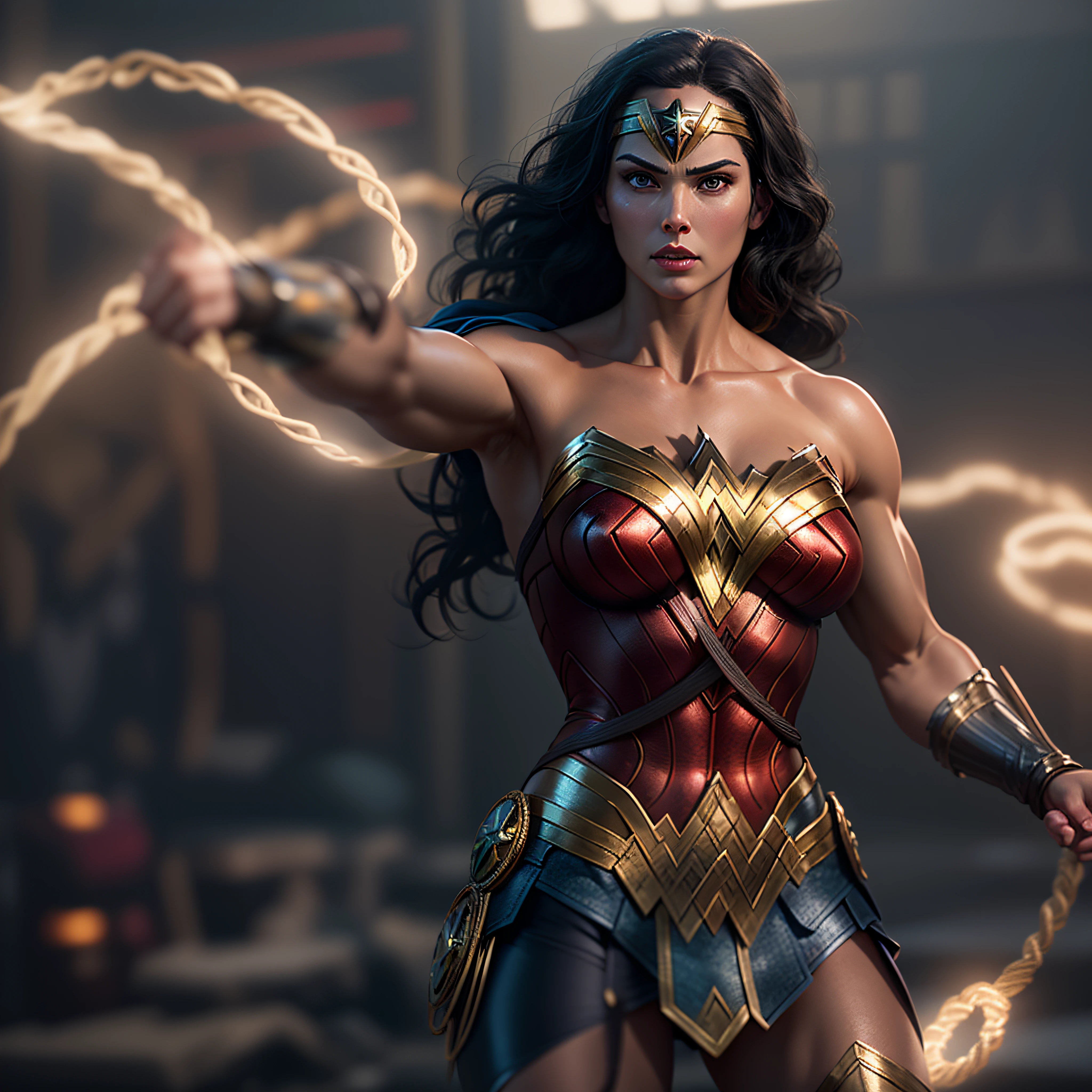 Wonder Woman with her (((glowing Lasso of Truth))), Muscular body, Battle pose, photo-realistic, octane render, unreal engine, ultra-realistic