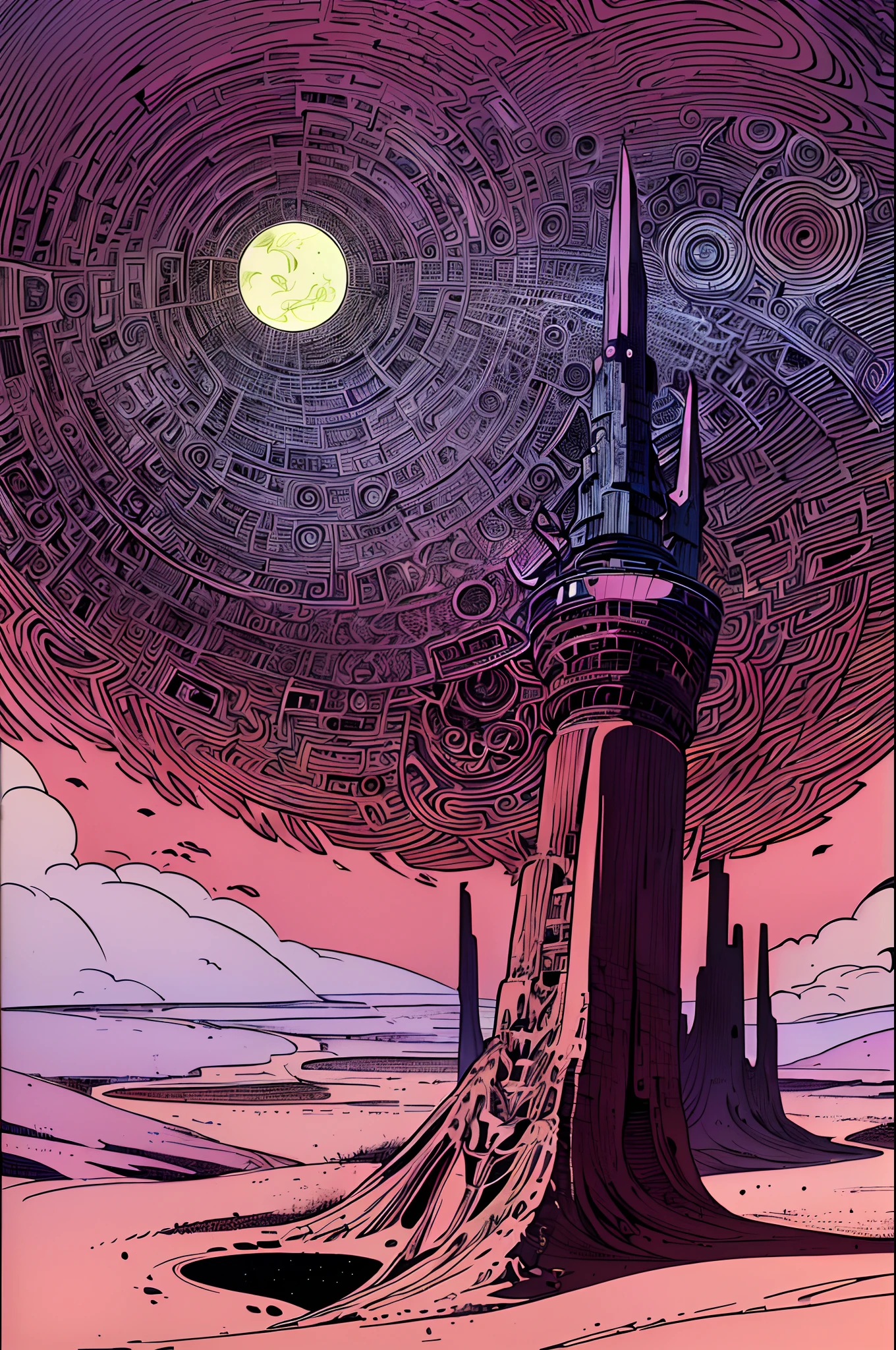 (best quality,4k,8k,highres,masterpiece:1.2),ultra-detailed,(1.37),by Moebius,methurlant, intricate, surreal, gritty, atmospheric, cinematic, stylized contrast, comic, eerie, cybernetic, futuristic, surreal fairy landscape, sun, planet, cake, moon