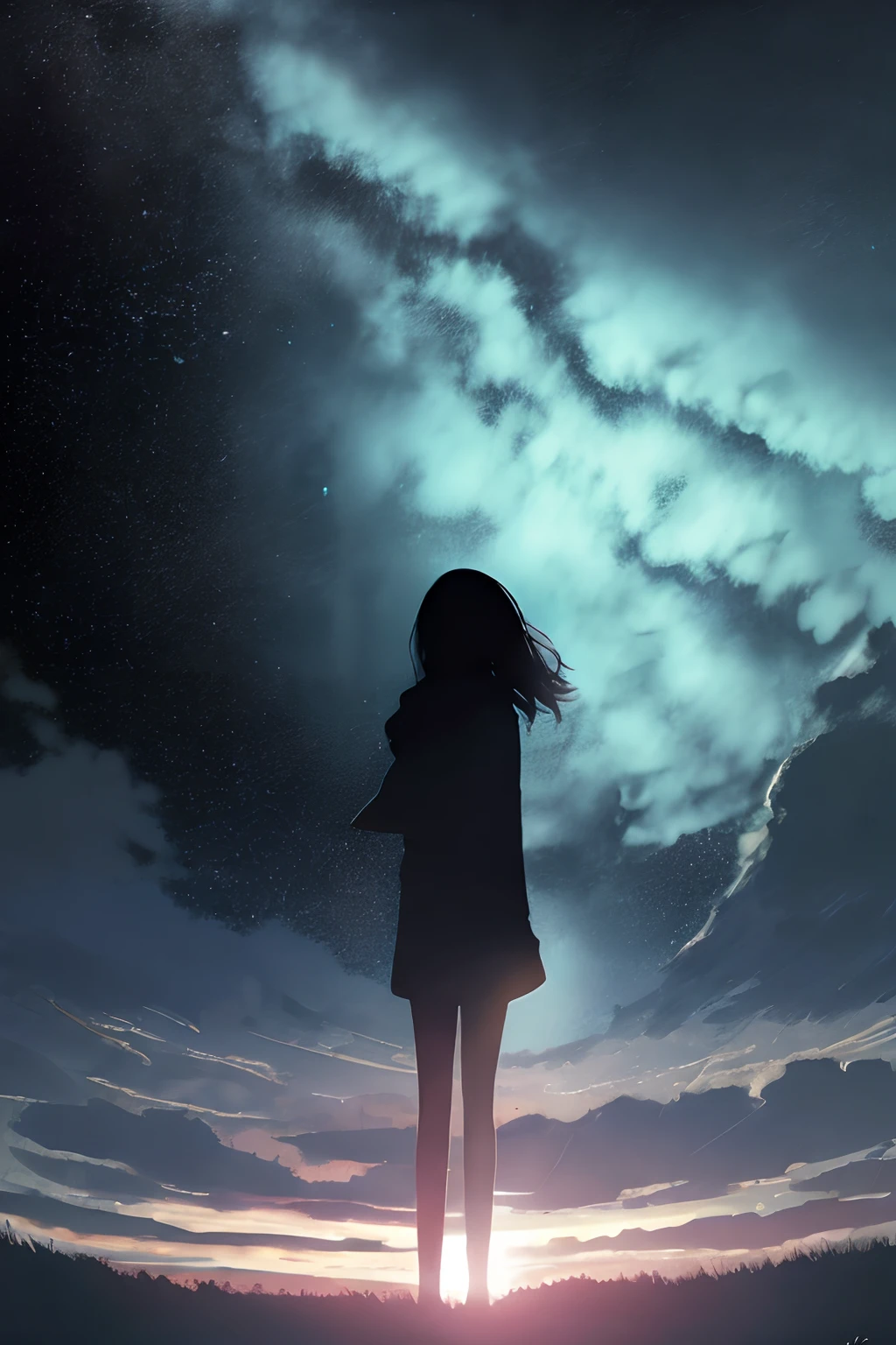 silhuette,1girl in, Outdoors, blue open sky、Large clouds