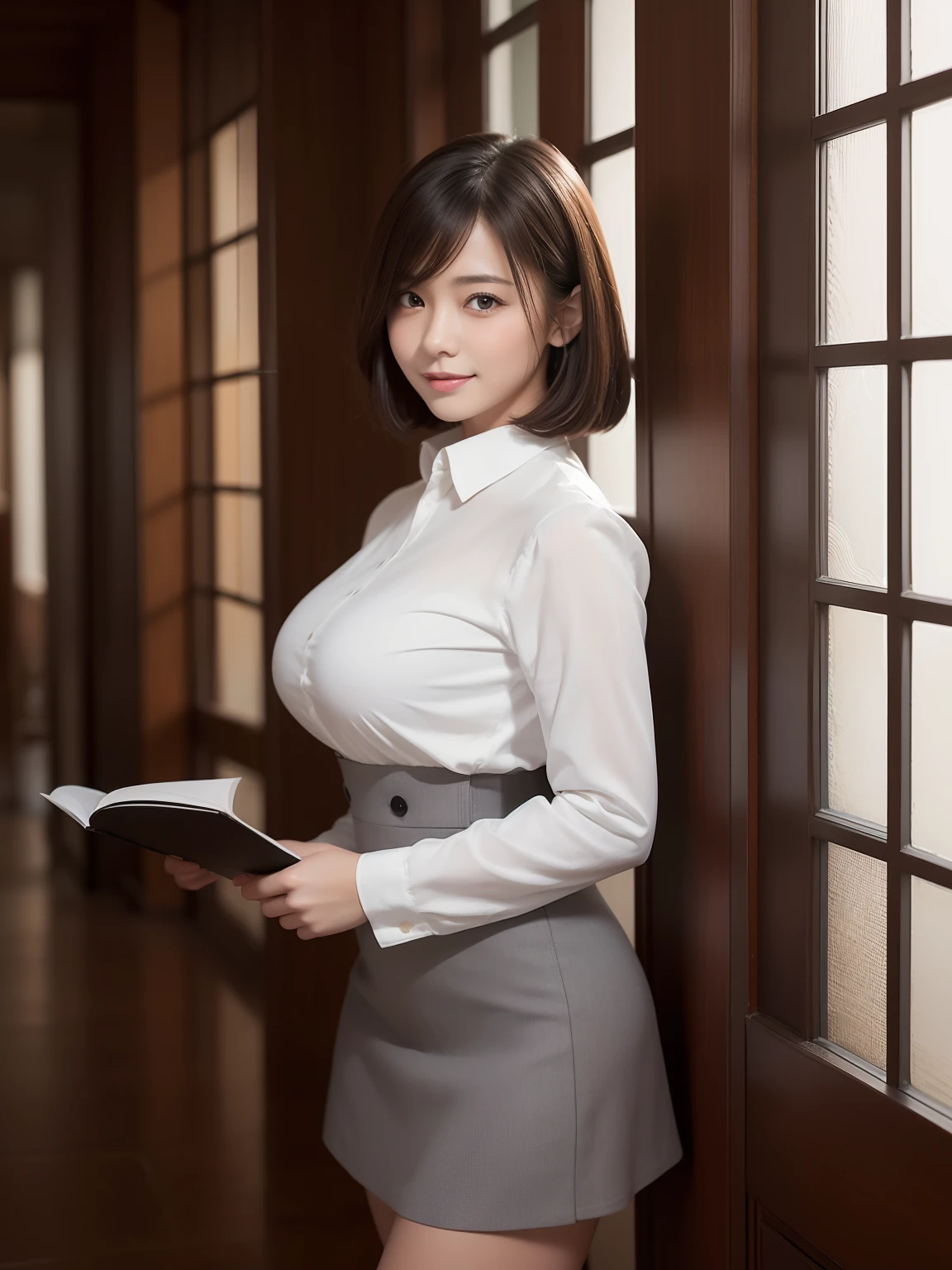 ((masterpiece))、((Highest quality))、photograph、reality、High resolution、Advanced Depth of Field、become close、Realistic lighting、secretary、40 years old、Delicate facial features、short hair、Realistic background and accessories、Big and ample breasts、Sexy lips、library、Tight collared shirt、Wide Shot、Walk among the bookshelves、Tight Skirt、Thighs、smile、Emphasize the weight, soft, Round Breasts、whole body、Erect nipples