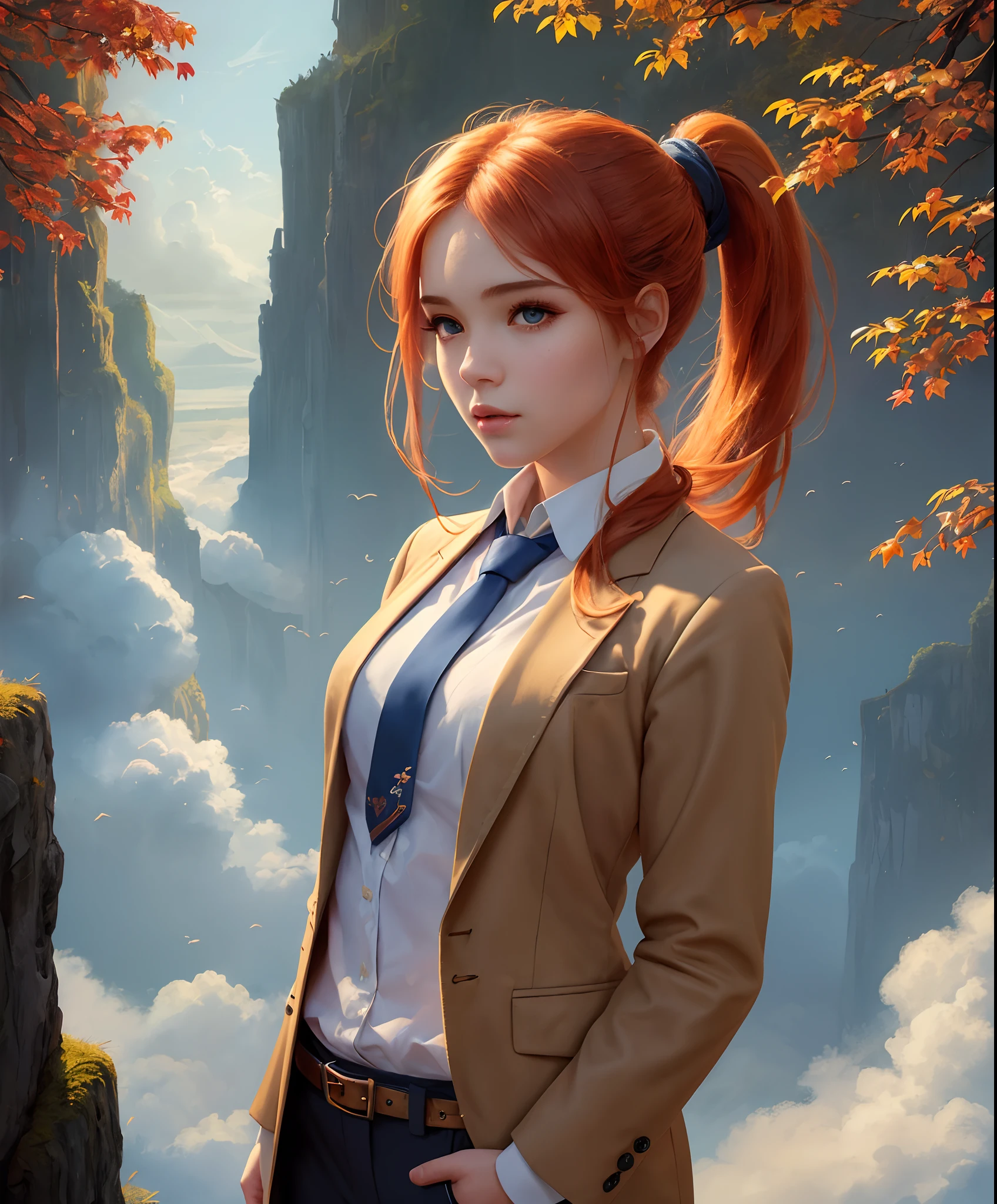 (Best quality, masterpiece, ArtStation, Fantasy Art:1.2), autumn dusk, above clouds view, A beautiful young girl, (long ginger ponytail hair:1.1), (blazer, tie, trousers)