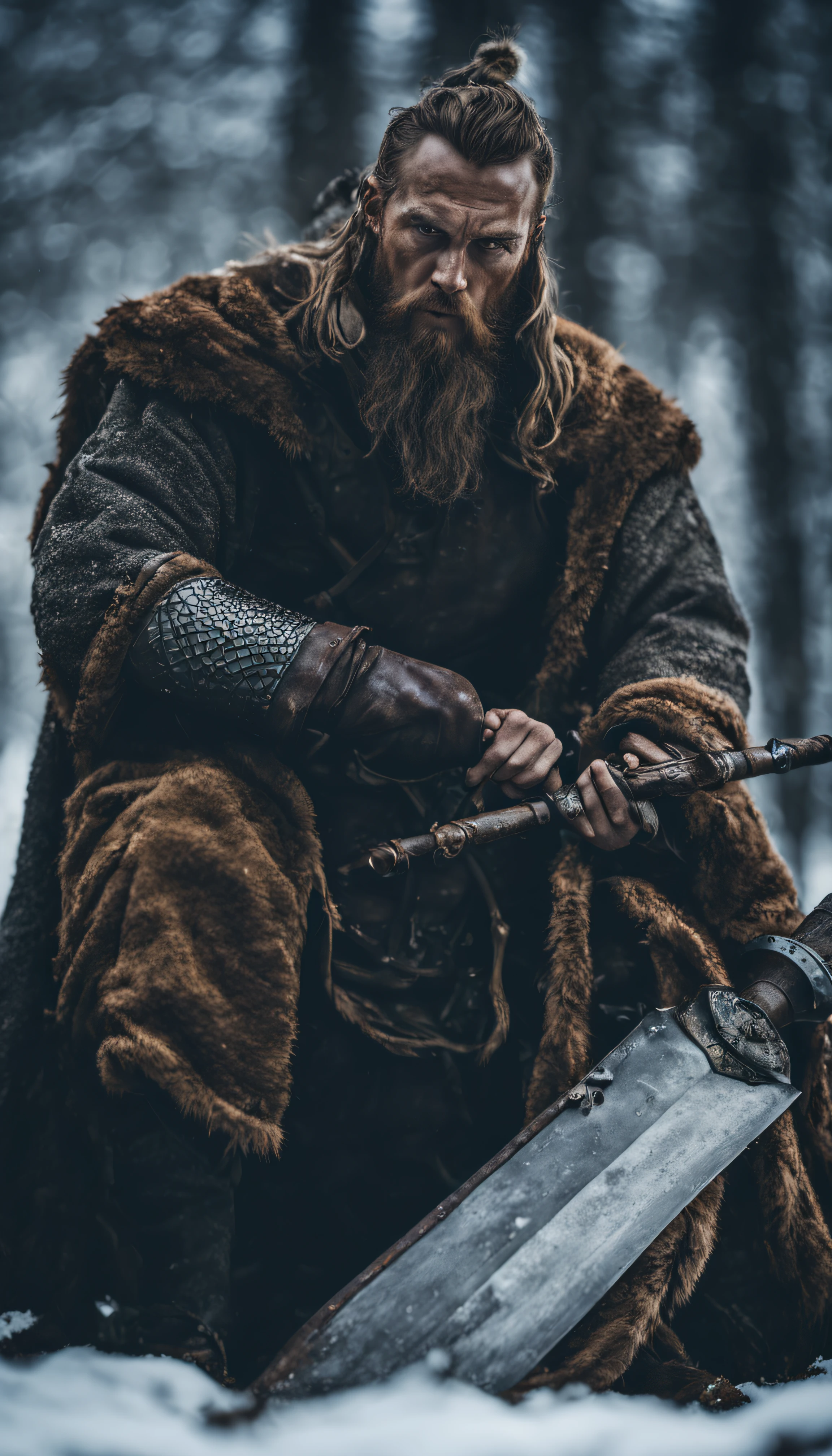 Thousands of years ago, a lone Viking warrior put on his combat robes and checked his weapons. He is arming himself for war. Winter stock, photography fxvijaya, cinematic atmosphere, photoreal, uhd image, ultra hd, dark, foreboding colors, candid shots, grid-based
