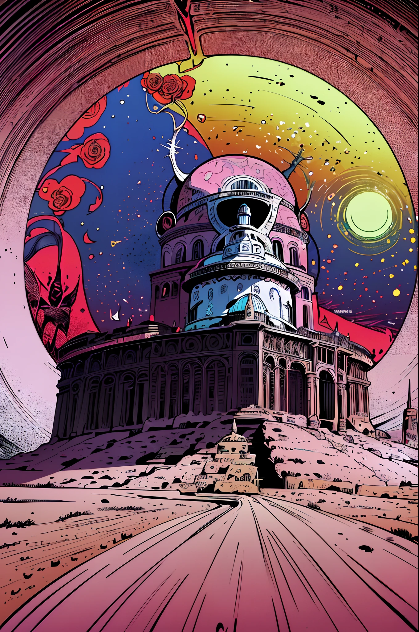 (best quality,4k,8k,highres,masterpiece:1.2),ultra-detailed,(1.37),by Moebius,methurlant, intricate, surreal, gritty, atmospheric, cinematic, stylized contrast, comic, eerie, cybernetic, futuristic, surreal fairy landscape, sun, planet, cake, moon, flowers