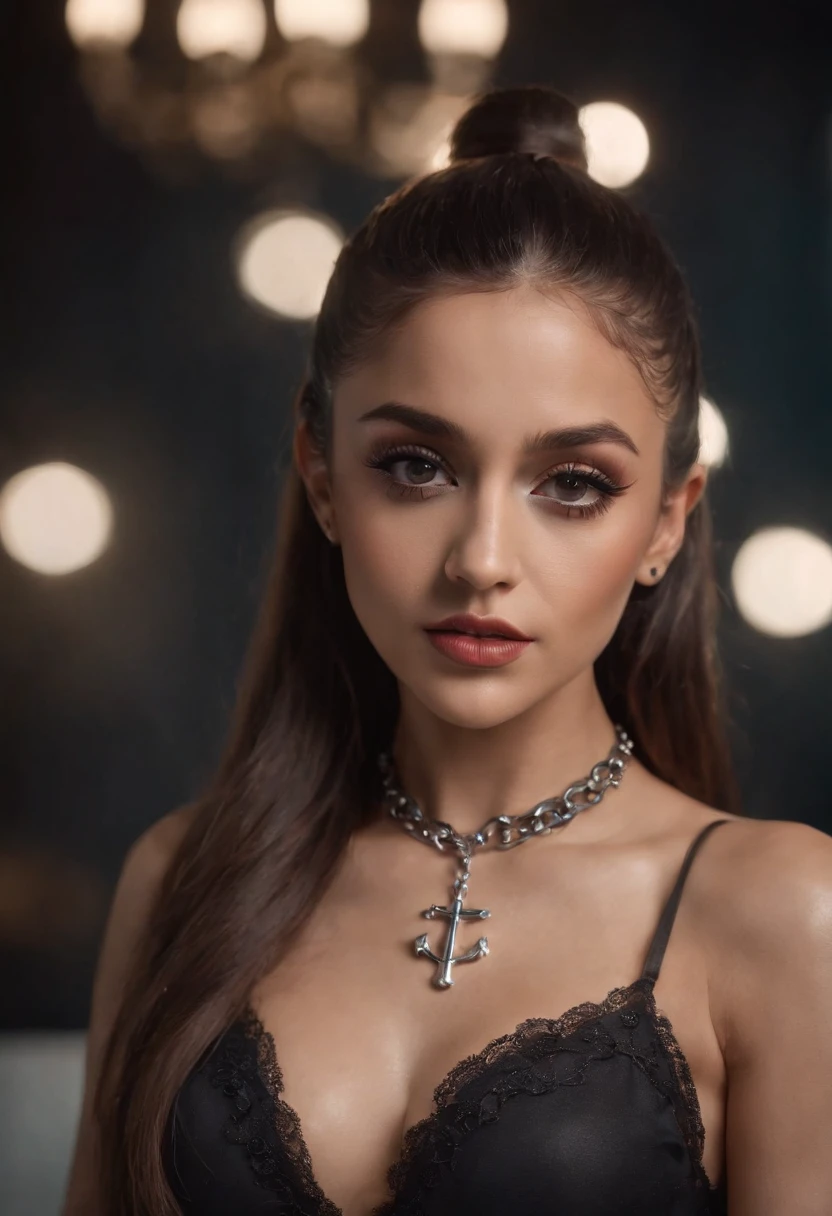 Ariana Grande evil with underwear, holding cross, photoshoot for ,perfect model body, full body shot, high heel boots, full beautiful young detailed face, seductive look, satanic temple, blasphemy, sacrilegious, eyes on camera, full face, nice lips, perverted expression , evil smlie, revealing body, intense eye liner, satanic pentagram necklace, sin, lust, n bloom, ((cold light)), sharp focus, photo realistic, detailed skin, background out of focus, cinematic composition , ultra-detailed, realistic , hyper-realistic , volumetric lighting, 8k, trending on artstation