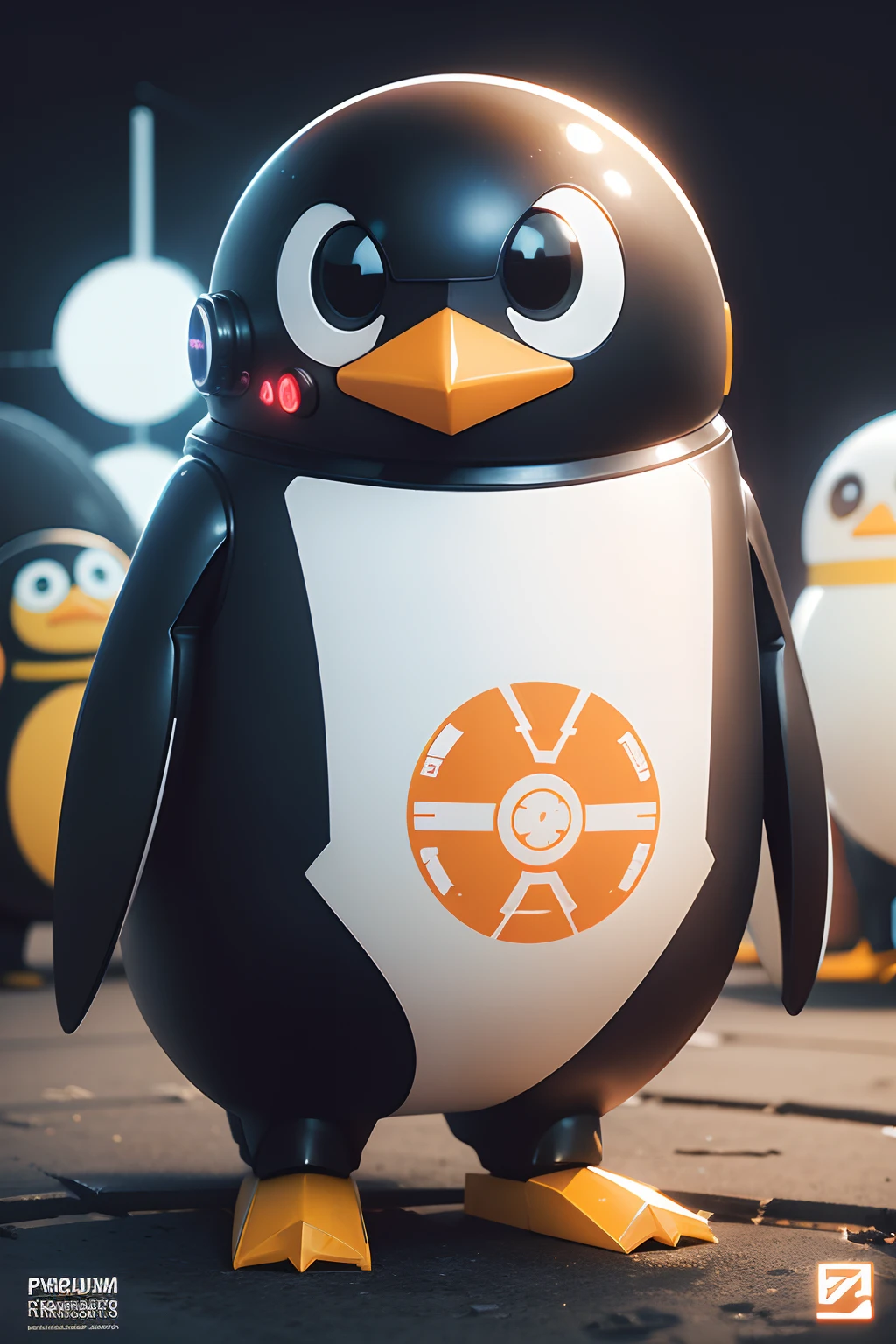 (best quality,4k,8k,highres,masterpiece:1.2),ultra-detailed,realistic:1.37,penguin robot,cyber space,sticker illustration,bold outline,illustrated with stickers,futuristic setting,digital artwork,pop colors,vibrant lighting,shiny metallic texture,mechanical parts with intricate details,glowing neon signs in the background,dynamic pose,strong perspective,long shadows,high contrast,sci-fi concept art
