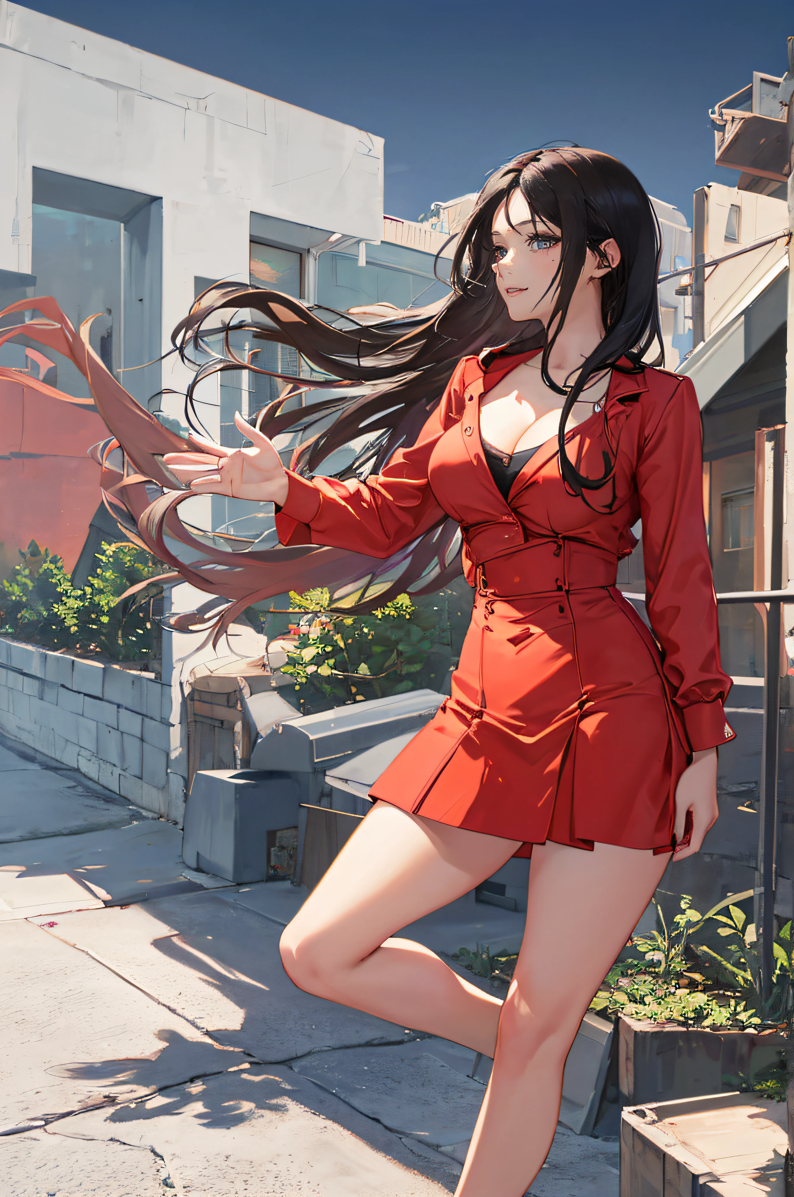((A beautiful and cute woman is standing on the terrace)), ((22-year-old beauty)), ((charming smile)), ((her long hair is blowing in the wind)), ((her miniskirt is It's waving in the wind)), (( You can see the cleavage of her plump bust from the blouse)), ((Gradient eyes)), ((The background is a night view of the city)), Attractive makeup, Single view, NFFSW , UHD, Retina, Masterpiece, Accurate, Anatomical, Scientifically Correct, Textured Skin, Super Detail, High Detail, High Quality, Award Winning, Top Quality, High Resolution, 1080P, HD, 4K, 8k, 16k