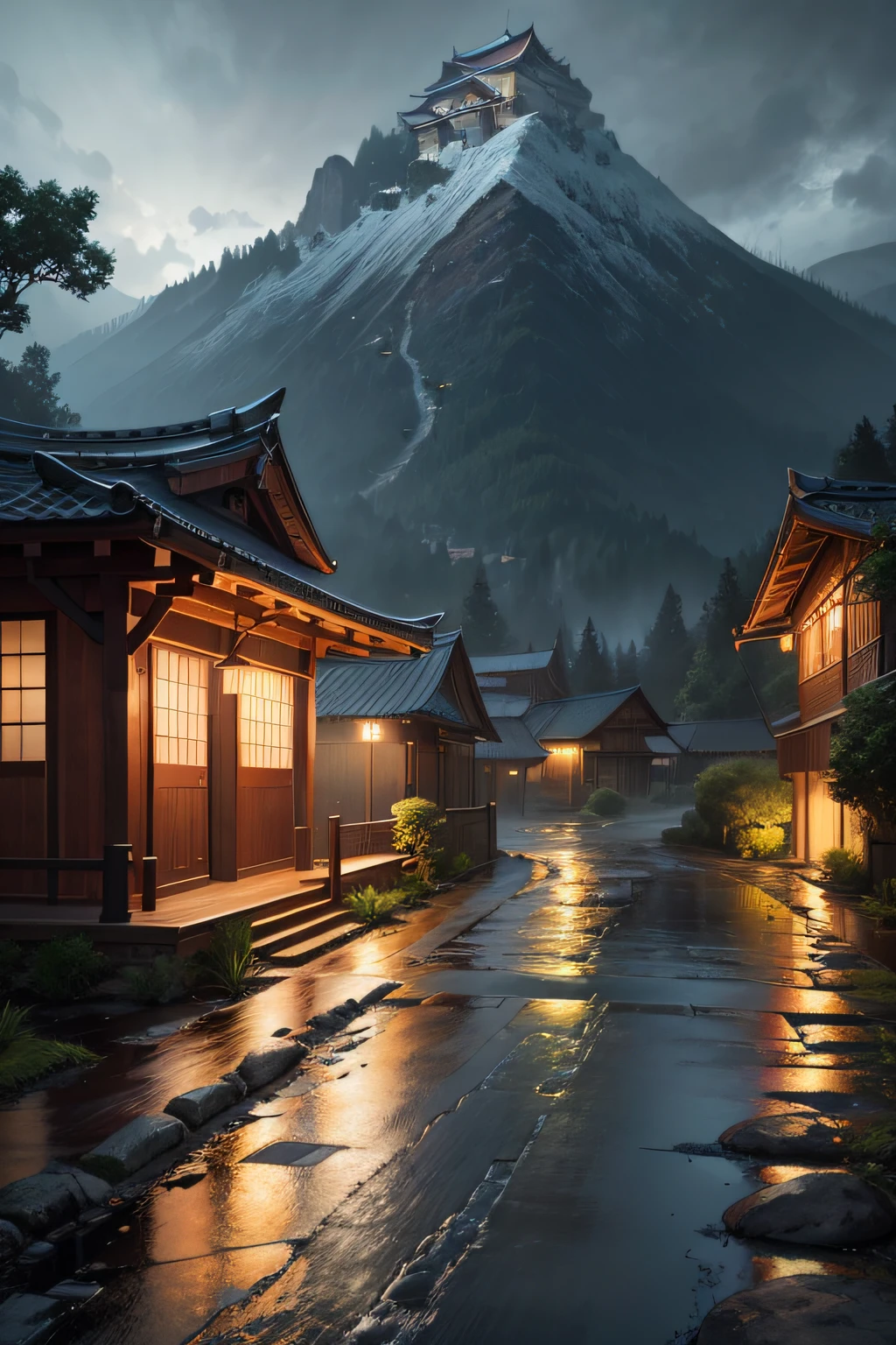 Rain water on street landscape, night thunders and lightings on sky ,4khdr, realistic, one samurai house,