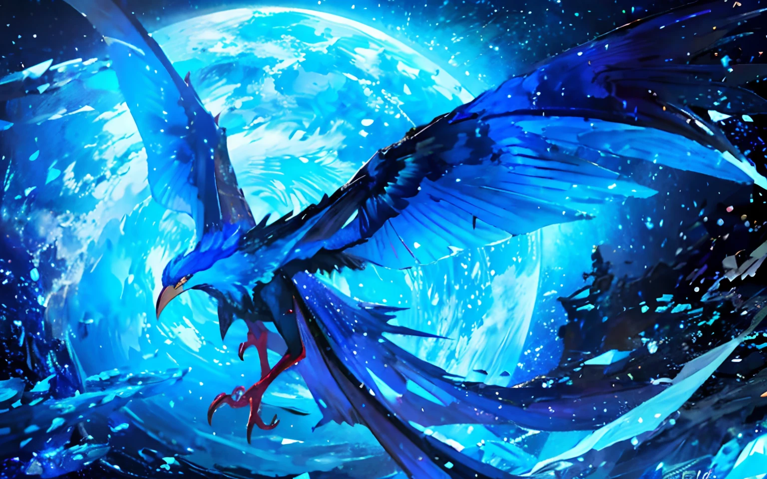 1 p,The blue pterosaur flew over Earth in space, blue eyess, Ice Phoenix, krystal, 4K HD wallpapers very detailed, blue phoenix bird, highly detailed fantasy art, ''wallpaper of a phoenix resting, high quality fantasy art, Amazing wallpapers on paper, Chills under the eyes, Chilling, Ice，Phoenix as the main unit、Ice Magic、Manipulating the Ice,ice body