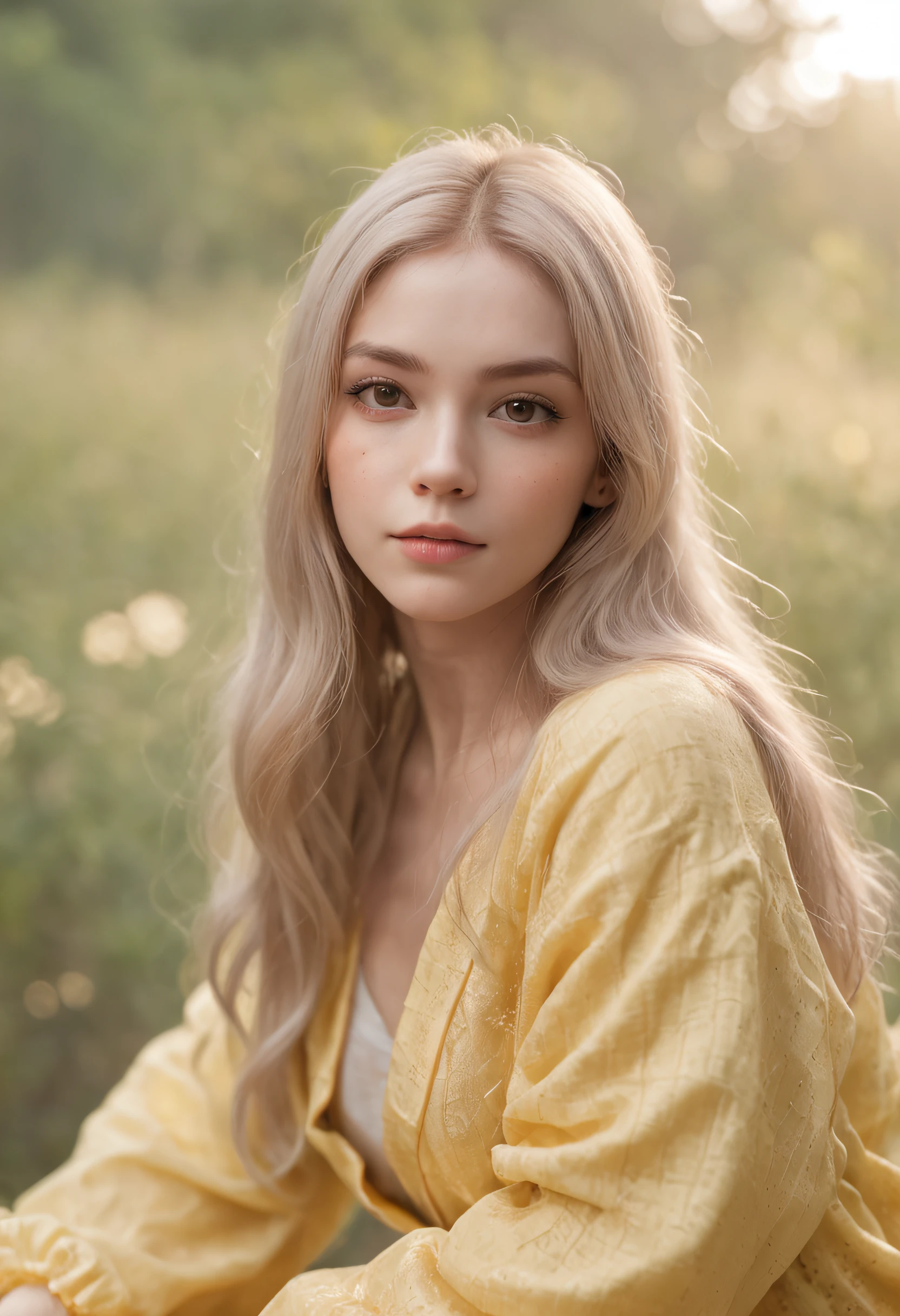 Photograph of a beautiful girl in her 20s in plain pajamas on a long yellow cloth, Sitting on a log in a misty forest, Abundant yellow hair, Bushy bangs, Sparkling and beautiful eyes, Symmetrical beautiful face, Cute and innocent face, without makeup, Unadorned, film grain, Dreamy photos, Concept photo, Emotional photography, Film Photography, photograph realistic, realisitic, Sharp focus, 14K, highly detaild, CG Society, ultra-definition, Very fine grain, Dusty photos, Grain Filter