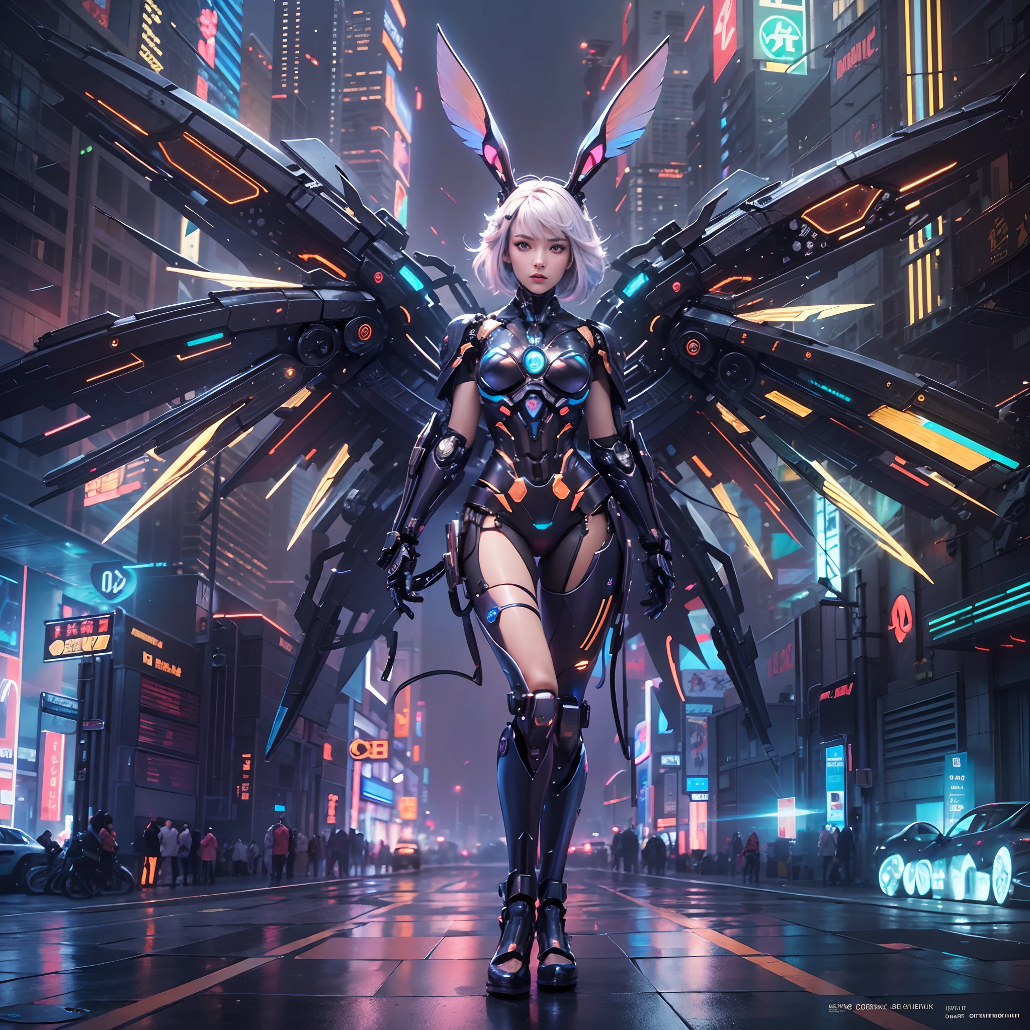 (wide wide shot),(Best quality,Masterpiece:1.2),(Futuristic cyborg woman), (Rabbit ears),Bright colored hair,((massive wings)),Her wings are a marvel of technology, A combination of a sturdy metal frame and a delicate translucent film,((Inside the mechanical body)),(Footwear),Metallic。nigth,(Facing the lens,Central symmetry),(standing on your feet),No man's street,Vibrant colors,Light trails and neon lights in the background,Science fiction art style.The lighting is dramatic, Bright areas contrast strongly with deep shadows, creating a sense of depth and dimension. The overall composition is vibrant and captivating, Centered on cyborg girls, Exude power, Grace, There is also a touch of mystery.