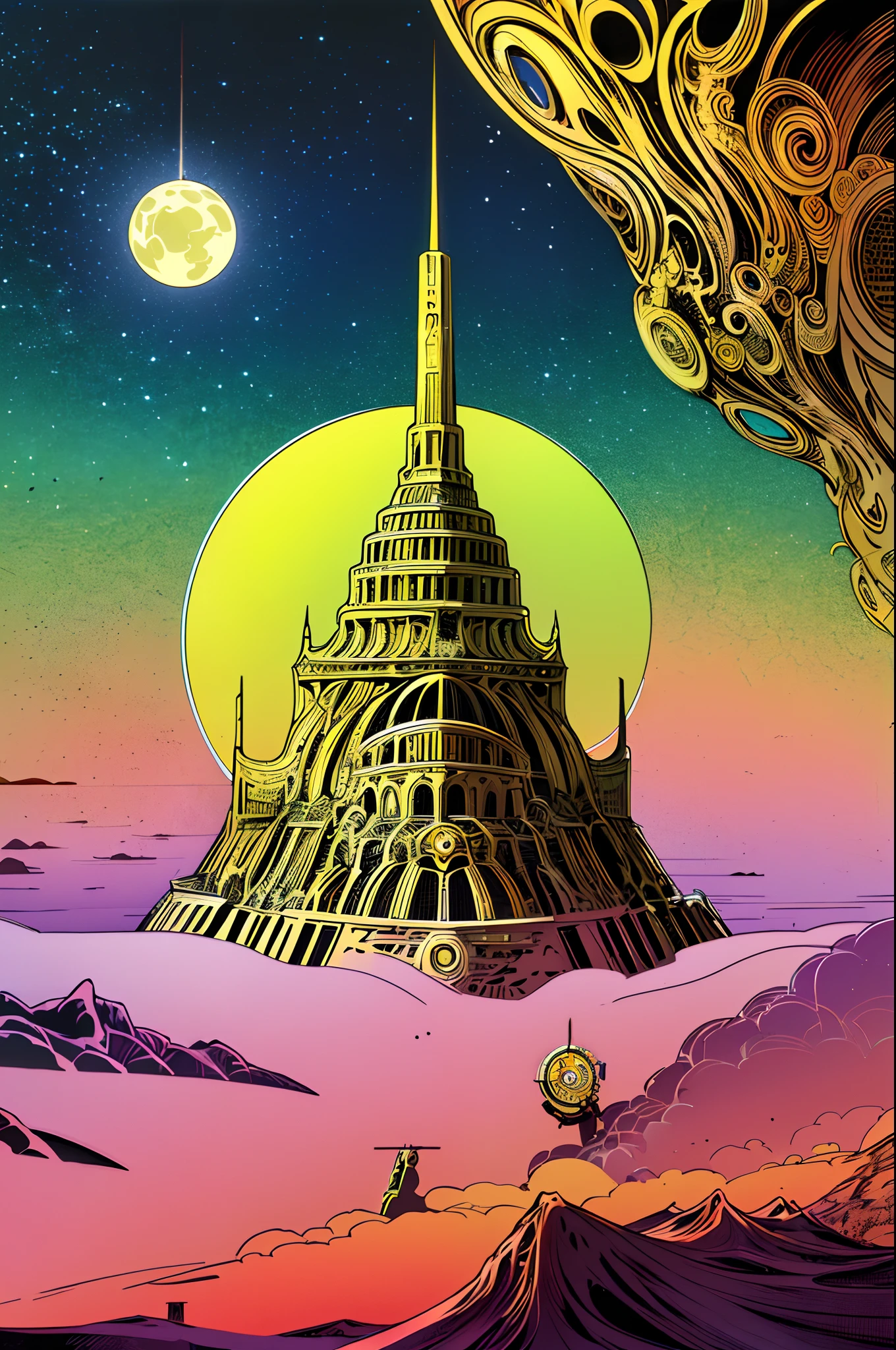 (best quality,4k,8k,highres,masterpiece:1.2),ultra-detailed,(realistic,photorealistic,photo-realistic:1.37),Moebius,Moebius style,Moebius,by Moebius,masterful display of Moebius style,ethereal otherworldly realm,intricate details,surreal landscapes,gritty atmosphere,cinematic composition,stylized contrast,comic book aesthetic,eerie ambiance,cybernetic elements,futuristic scenery,elaborate world-building,dreamlike journey,subtle color palette,mesmerizing lighting,mystical beings and creatures,organic architectural structures,lush vegetation and flora,floating islands and mountains,enchanted waterfalls and streams,cross-dimensional portals,mythical ruins and ancient artifacts,extraterrestrial wildlife,spiritual energy emanating from natural elements,astral skies,harmony between nature and technology,immersive and thought-provoking,rich narrative and storytelling,depicts a surreal fairy landscape with a sci-fi twist,invokes a sense of wonder and adventure.sun, moon, planets, cake, food