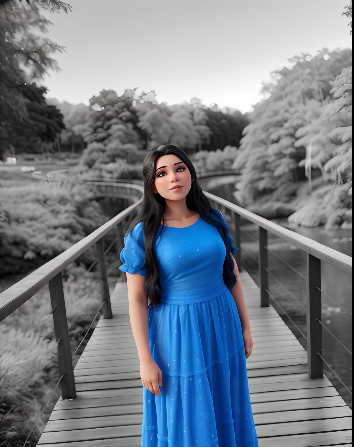 Woman in a blue dress standing on a bridge, Por Reyna Rochin, usando um vestido azul, usando vestido azul, em frente a um fundo de floresta, em vestido azul, vestido azul longo, suave em _ O pano de fundo, Alanis Guillen, wearing a plastic blue dress, standing on a bridge, retrato do vestido azul claro, belos arredores