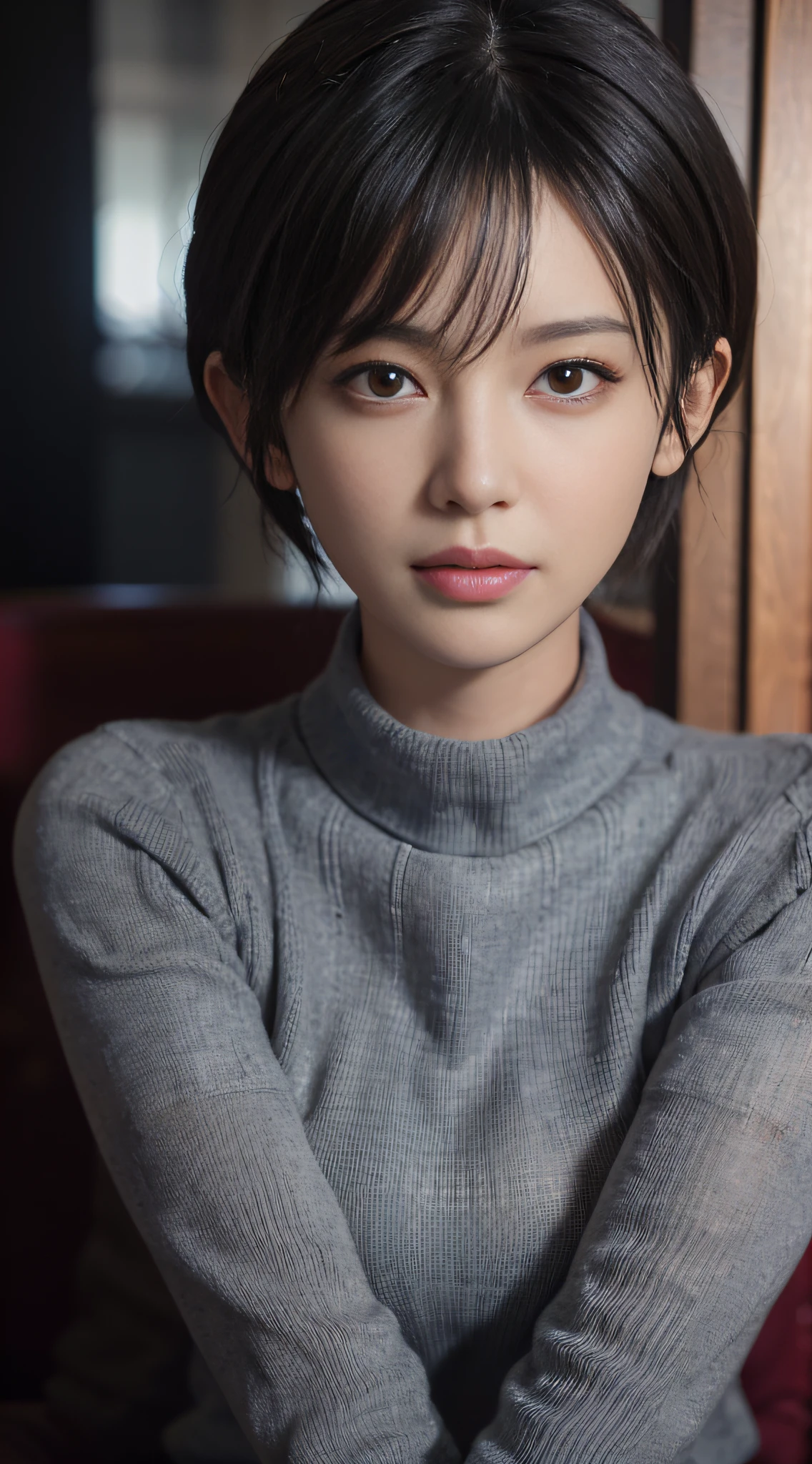 (masterpiece:1.3), (8k, photorealistic, RAW photo, best quality: 1.4), (malay girl), beautiful face, (realistic face), (black hair, short hair:1.3), beautiful hairstyle, realistic eyes, beautiful detailed eyes, (realistic skin), beautiful skin, (sweater), absurdres, attractive, ultra high res, ultra realistic, highly detailed, golden ratio