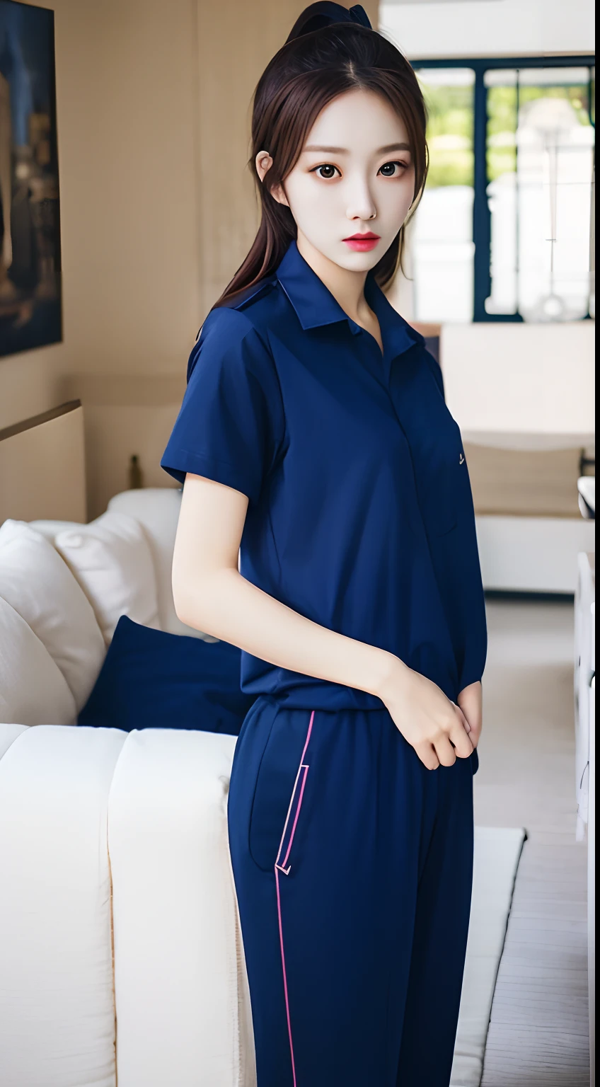 masterpiece, best quality, ultra realistic, hyper-detailed, 8k resolution, RAW photo, sharp focus, (2 girl in livingroom), ((navy shirt:1.1)), short sleeves, long trackpant, perfect body, 2 mature female, 18yo, cinematic light