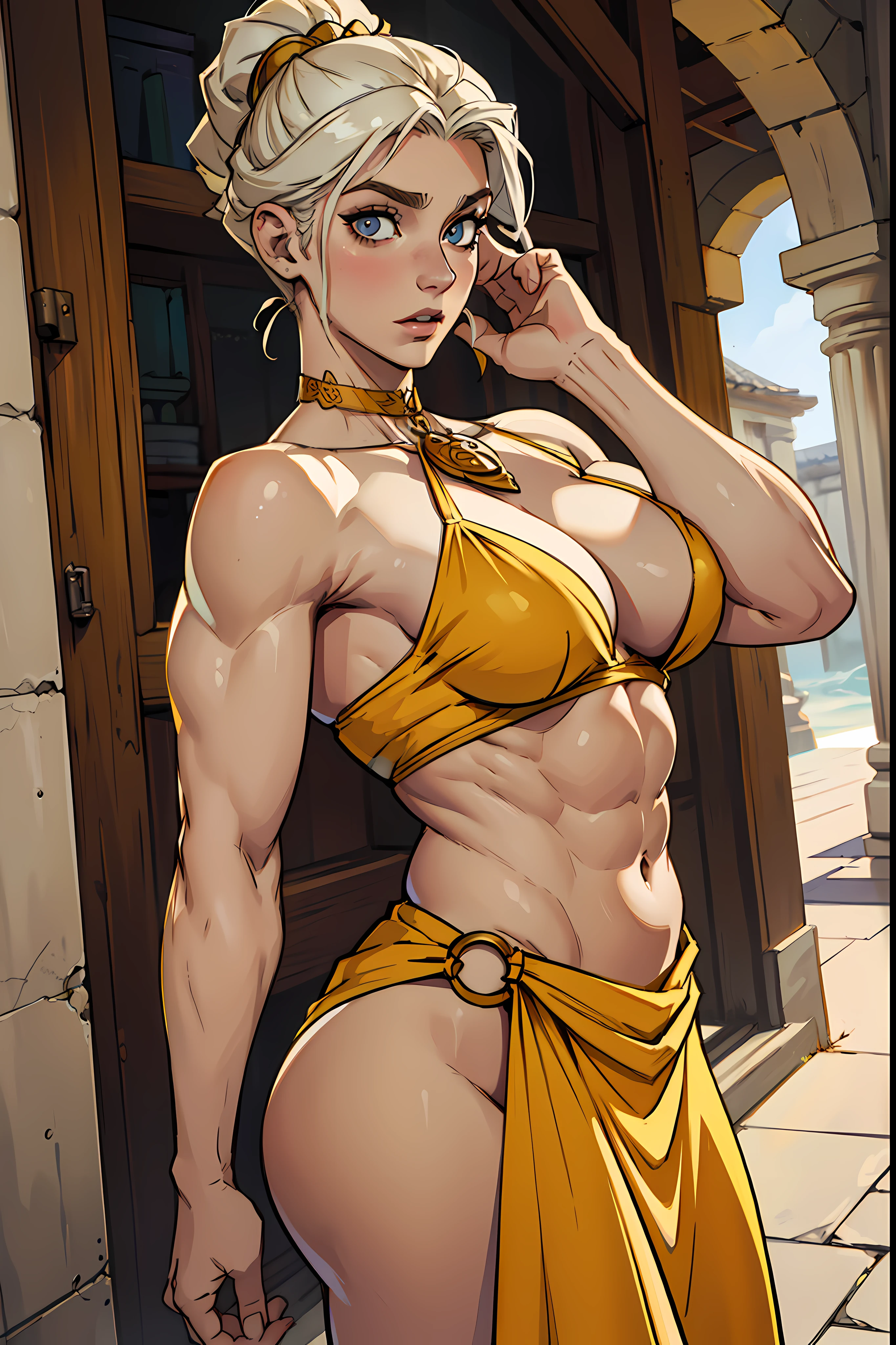 pale skinned, mulher, ((seios grandes)), umbigo, top rasgado, cabelos pretos, olhos amarelos, cabelos muito longos, ((musculoso)), fechar para cima, Abs, Axilas, Curvy