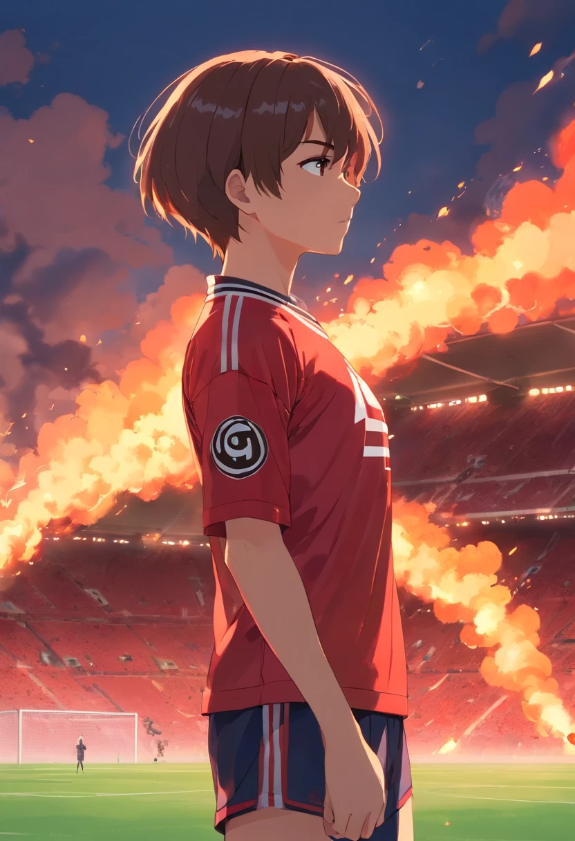 Nemanja Vidic,buzz cut hair,red Trisula with a fire,burning football field,close up body,scary vibe,Manchester United Jersey,gladiator armor,hot atmosphere,smoke rising in the air,fiery background