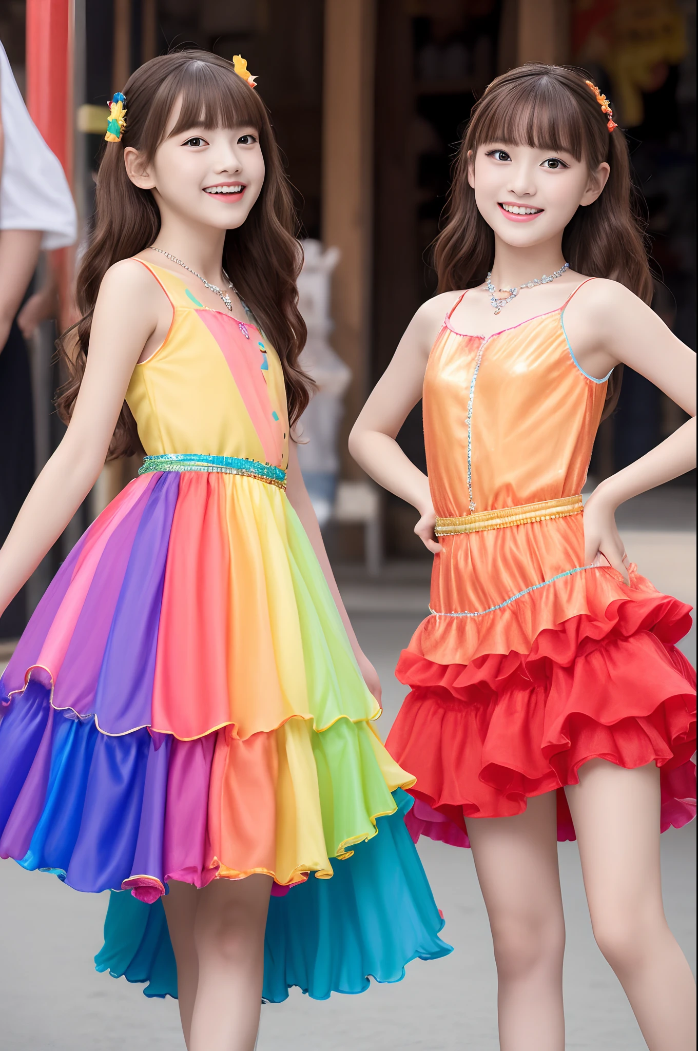 two beautiful Russian girls long blonde hair, tiny short dress, dressing like a princess, nice legs, dancing in a birthday party, very realistic skin