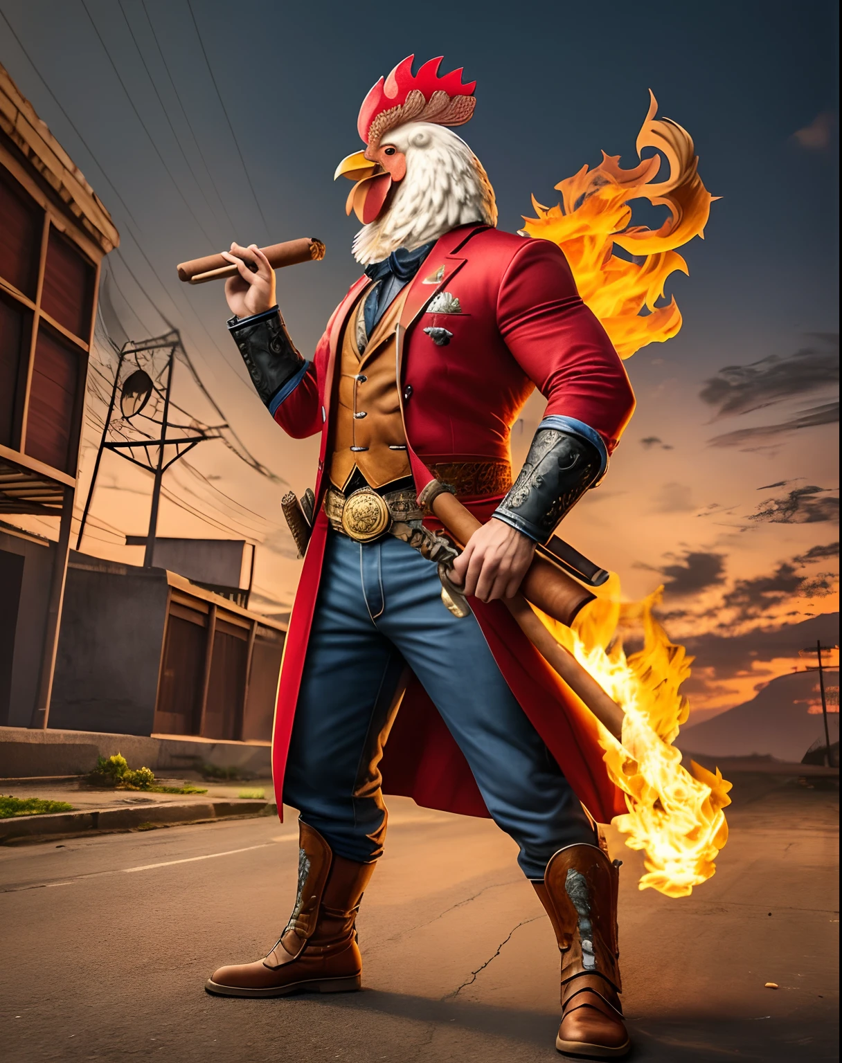Create a un personaje ,Rooster smoking a cigar of tobacco and making it look angry full body is muscular 4K HD full color full body and with a heroic weapon
