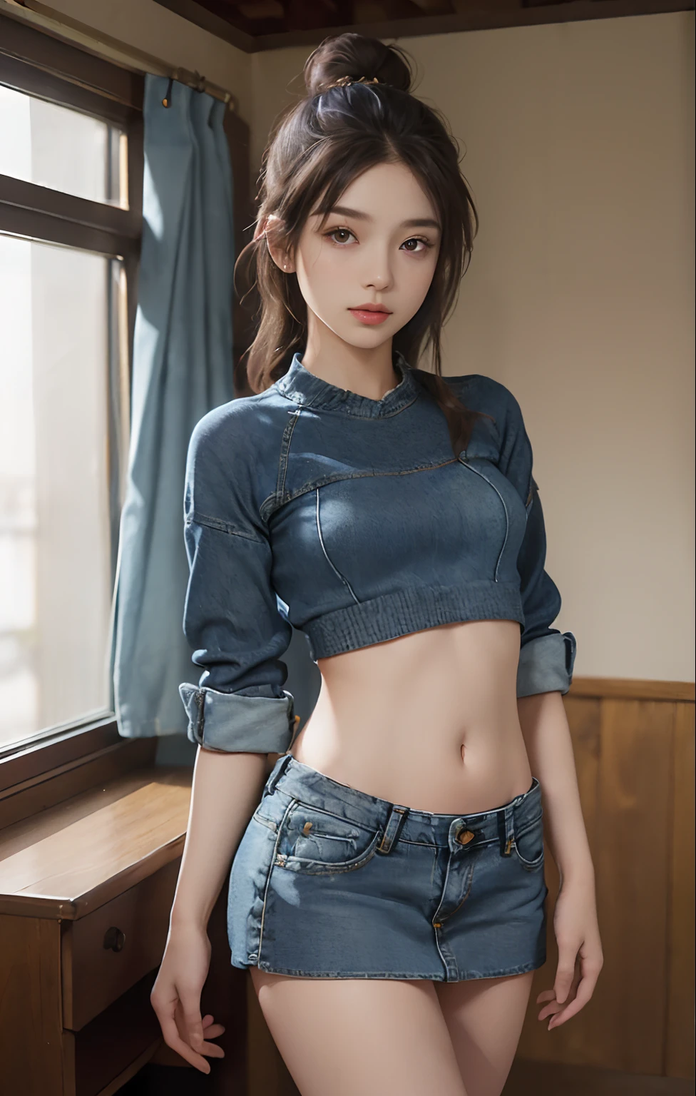 Japanese woman, 8k, masterpiece, highest quality, Super detailed, textured skin, 1girl, solo, sexy pose, short ponytail, low ponytail, bangs, red-framed glasses, denim skirt, simple background,