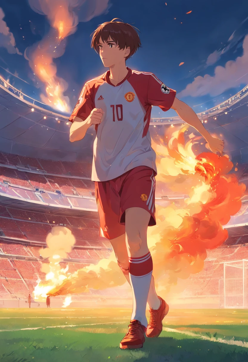 Nemanja Vidic,buzz cut hair,red Trisula with a fire,burning football field,close up body,scary vibe,Manchester United Jersey,gladiator armor,hot atmosphere,smoke rising in the air,fiery background,