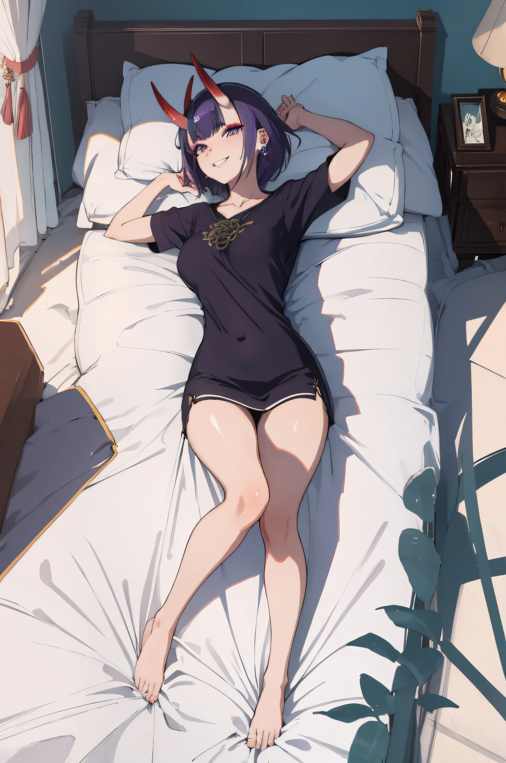 (masterpiece, best quality, detailed) ,1girl, shutendouji, shuten douji, (purple eyes:1.2), earrings, eyeshadow, horns, makeup, oni horns, purple hair, red eyeshadow, short eyebrows, short hair, single earring, teeth ,laying in bed with her head on her pillow, on my bed, anime moe artstyle, seductive anime girl, lying at the bed, laying on a bed,  lying in bed, laying back on the bed, waking up,eyes detailed,ecchi anime style, seductive anime girl.teasing smile, clean detailed anime art,high resolution, (perfect hands, perfect anatomy),