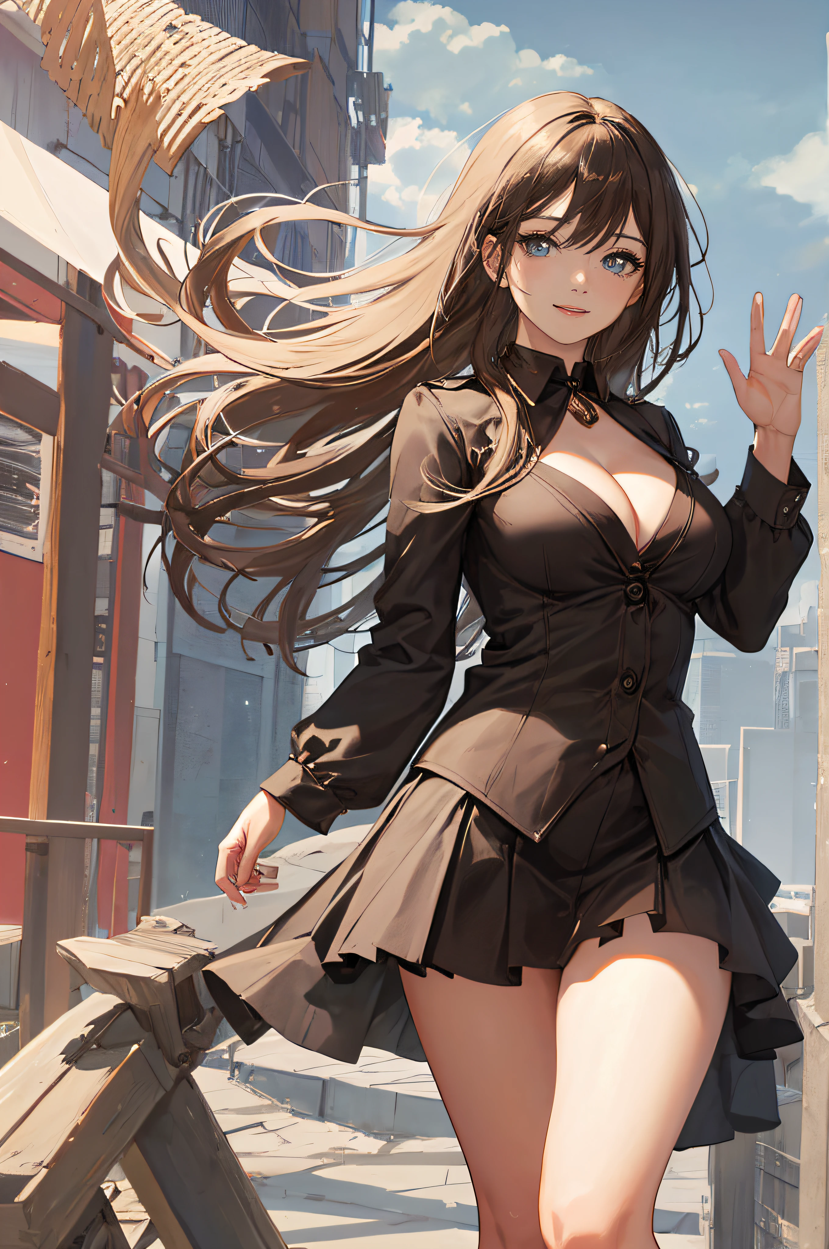 ((A beautiful and cute woman is standing on the terrace)), ((22-year-old beauty)), ((charming smile)), ((her long hair is blowing in the wind)), ((her miniskirt is It's waving in the wind)), (( You can see the cleavage of her plump bust from the blouse)), ((Gradient eyes)), ((The background is a night view of the city)), Attractive makeup, Single view, NFFSW , UHD, Retina, Masterpiece, Accurate, Anatomical, Scientifically Correct, Textured Skin, Super Detail, High Detail, High Quality, Award Winning, Top Quality, High Resolution, 1080P, HD, 4K, 8k, 16k