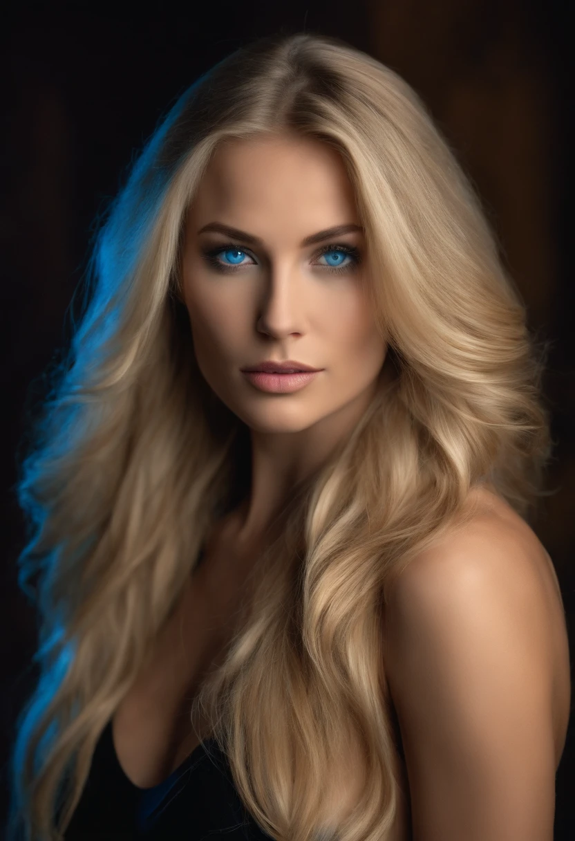 naked blond woman in black bra with blue eyes and long hair