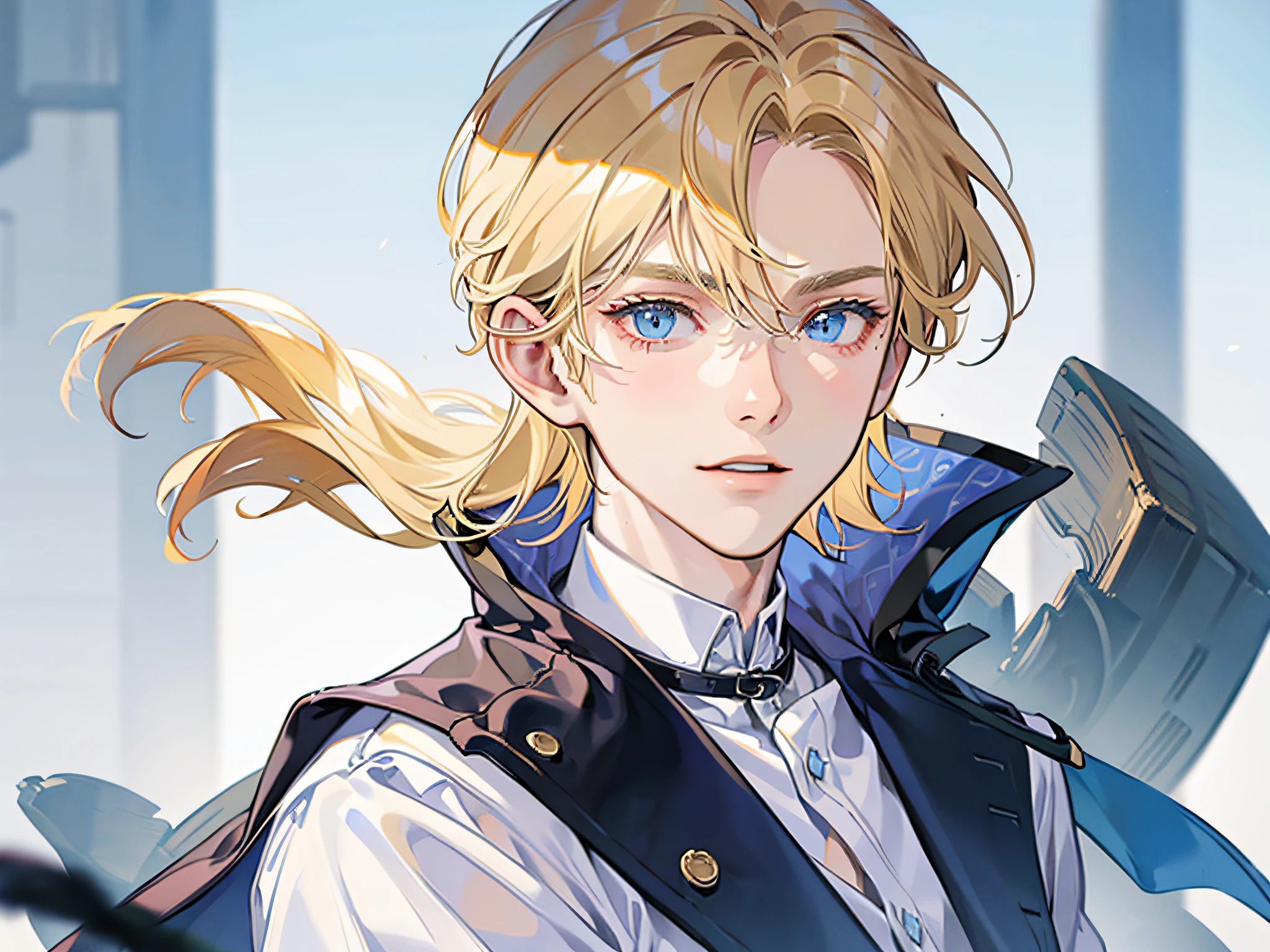 1 boy, Blonde hair, Blue eyes, 20 years old, Cold Face, slight laugh,cunning