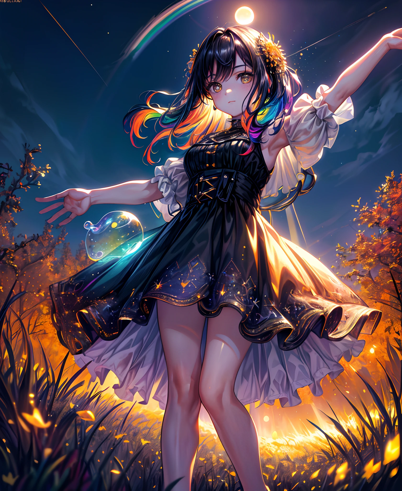 (Masterpiece), (Best Quality), (Official Art, Highly Detailed CG Unity 8k Wallpaper), (Very Detailed), (((Absurd)), 1 Girl, Midshot, (Exquisite Facial Features), (Serafuk: 1.3) ((SFW)), ((Clean Hands)), (White Neeso without shoes)), Aqua Eye, Colored Contact Lenses, Stars in the Eyes, (((((Colorful Bubbles)))), Colorful Glass, (Album cover) Vast landscape photo, (sky up, field below), girl standing in a flower field and looking up, (full moon: 1.2), (meteor: 0.9), (nebula: 1.3), distant mountains, trees BREAK craft art, (warm light: 1.2), (fireflies: 1.2), lights, lots of purple and orange, intricate details, voluminous lighting, realism BREAK (masterpiece (Best Quality), 4k, Ultra Detail, (Dynamic Composition: 1.4), Very Detailed, Colorful Details, (Rainbow Color: 1.2), (Glow Lighting, Atmospheric Lighting), Dreamy, Magical, (Solo: 1.2)