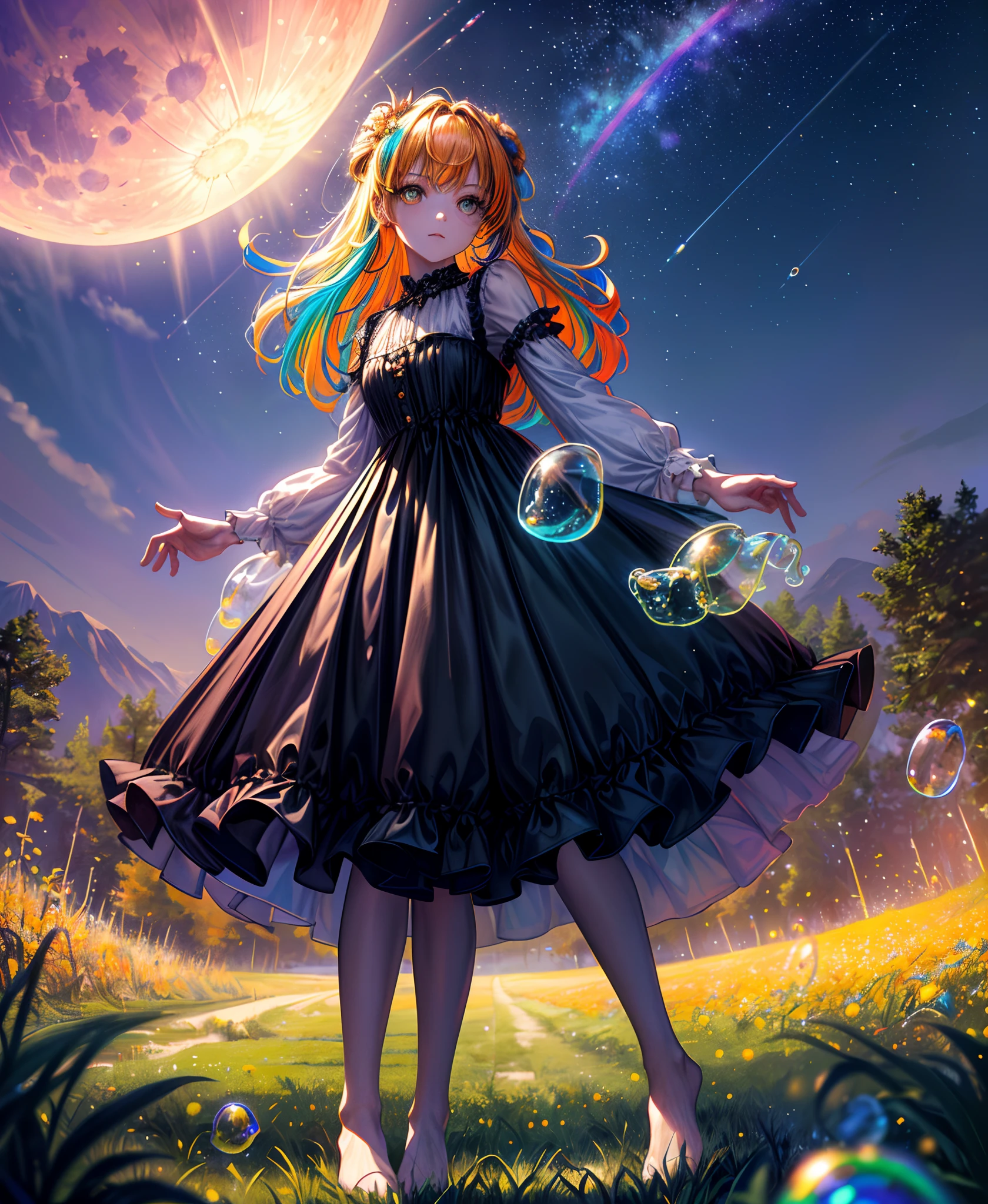 (Masterpiece), (Best Quality), (Official Art, Highly Detailed CG Unity 8k Wallpaper), (Very Detailed), (((Absurd)), 1 Girl, Midshot, (Exquisite Facial Features), (Serafuk: 1.3) ((SFW)), ((Clean Hands)), (White Neeso without shoes)), Aqua Eye, Colored Contact Lenses, Stars in the Eyes, (((((Colorful Bubbles)))), Colorful Glass, (Album cover) Vast landscape photo, (sky up, field below), girl standing in a flower field and looking up, (full moon: 1.2), (meteor: 0.9), (nebula: 1.3), distant mountains, trees BREAK craft art, (warm light: 1.2), (fireflies: 1.2), lights, lots of purple and orange, intricate details, voluminous lighting, realism BREAK (masterpiece (Best Quality), 4k, Ultra Detail, (Dynamic Composition: 1.4), Very Detailed, Colorful Details, (Rainbow Color: 1.2), (Glow Lighting, Atmospheric Lighting), Dreamy, Magical, (Solo: 1.2)