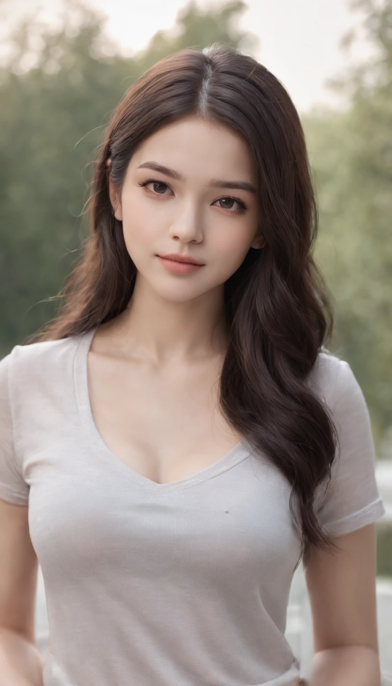 8k, Super detailed, Photography taken by Canon EOS 6D mark2, Semi, natural looking upper body shot, instagram photo, Looking sideway, wearing v-neck t-shirt, highly detailed rough skin, breast 36 inch, university student at campus, diverse pose and facial expression
