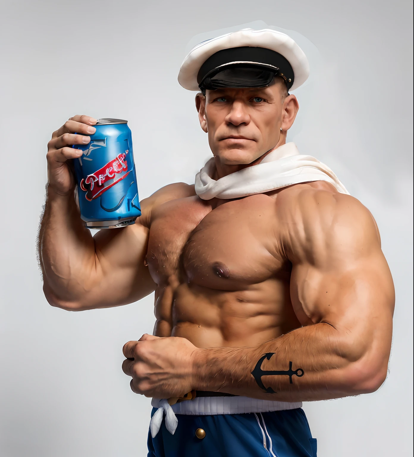 (8k photo:1.7) of man ,(realistic:1.3), (shirtless:1.4), popeye holding can between biceps and forearm, popeye showing abs, shredded abs, (popeye:1.1), (flexing biceps:1.3), (holding can with biceps:1.4), natty lifter man in a (white sailor's hat:1.3), (popeye's costume:1.4), big biceps, natty muscles, natural muscles, very beautiful, (anatomically correct:1.2)