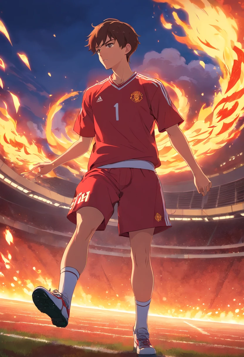 Nemanja Vidic,buzz cut hair,red Trisula with a fire,burning football field,close up body,scary vibe,Manchester United Jersey,gladiator armor,hot atmosphere,smoke rising in the air,fiery background,sharp and intense focus,battle-ready stance,menacing expression,red hot flames,towering presence