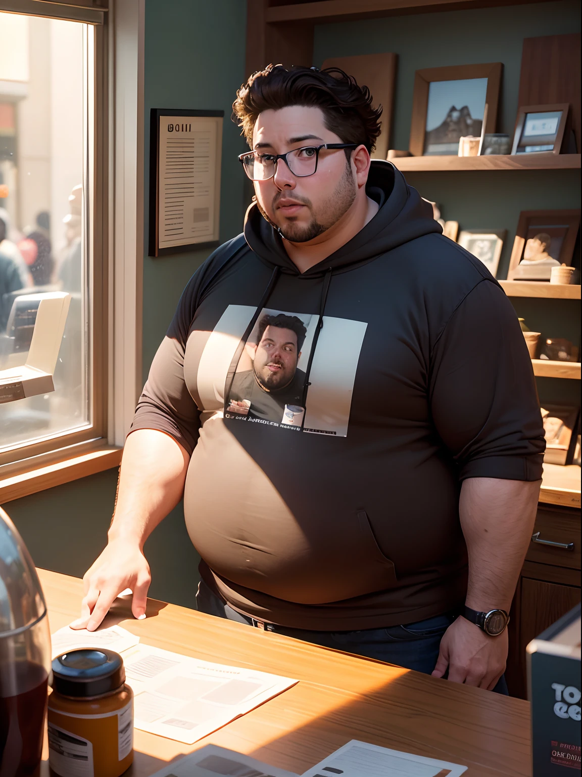 35 year old man, Greg Grunberg, fat, double chin, faded hoodie over faded t-shirt, glasses, greasy pale brown hair, acne, tourist nformation shop, leaning forward over counter, sunlight through shop window, shelves of glossy magazines and brochures, electronic till