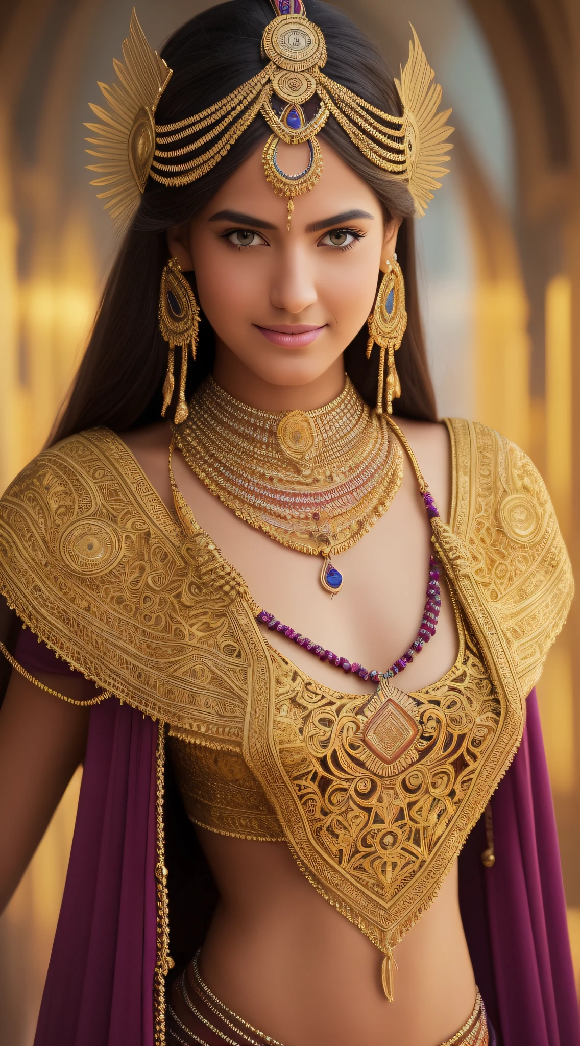highly detailed, active, elegant, confident, optimistic, teenager, smiling, beautiful, heroine, perfect look, a berber godess Atlas, berber clothing, fine skin details, intricate details, symetrical vanishing point, trending on artstation, Artgerm, Greg Rutkowski, Tom Blackwell, Rubens, isni, headdress, jewelry, costume, traditional , isni, UshamXL, --auto