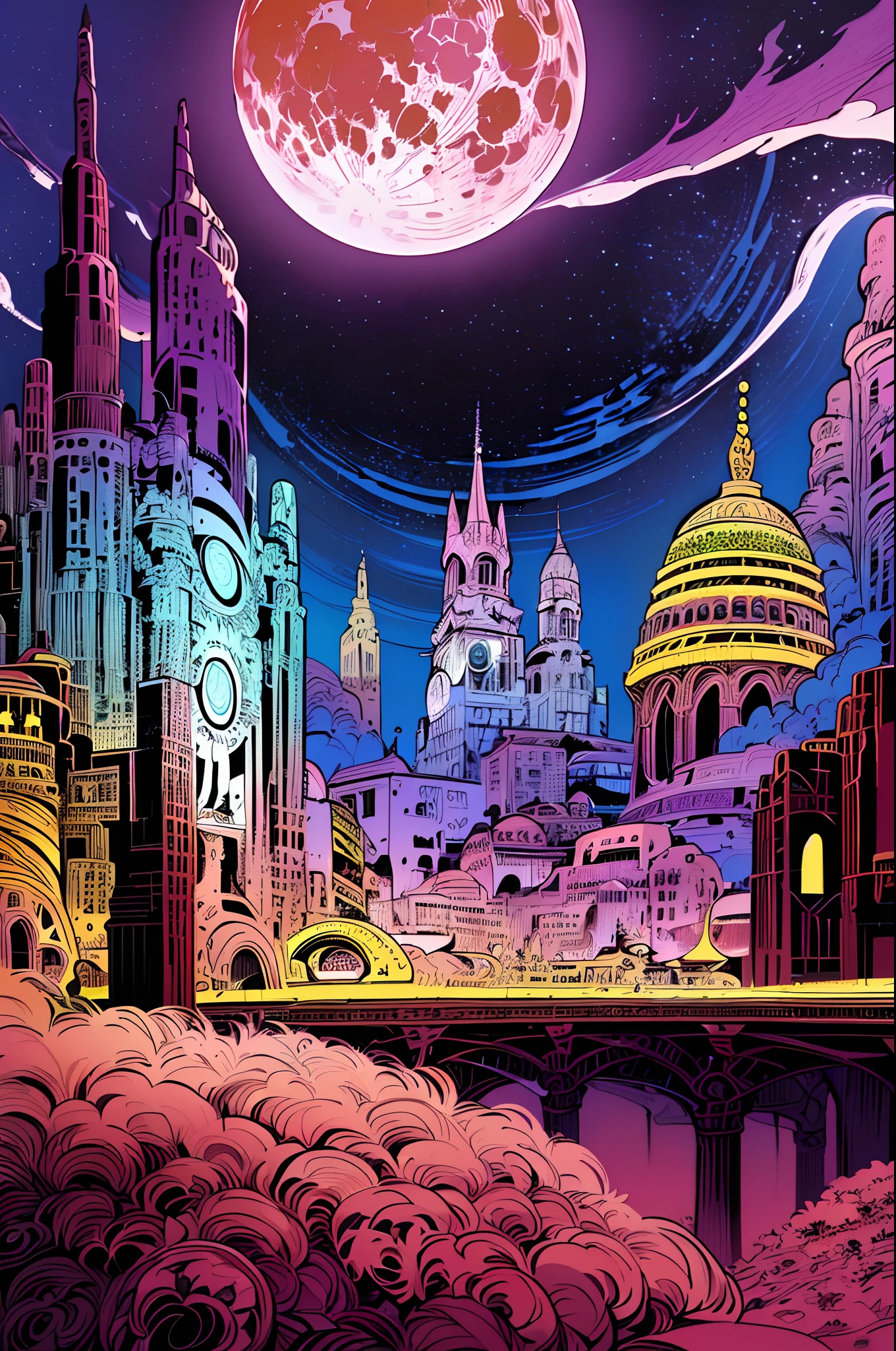 (best quality,4k,8k,highres,masterpiece:1.2),ultra-detailed,(1.37),by Moebius,methurlant, intricate, surreal, gritty, atmospheric, cinematic, stylized contrast, comic, eerie, cybernetic, futuristic, surreal fairy landscape, sun, planet, cake, moon, flowers