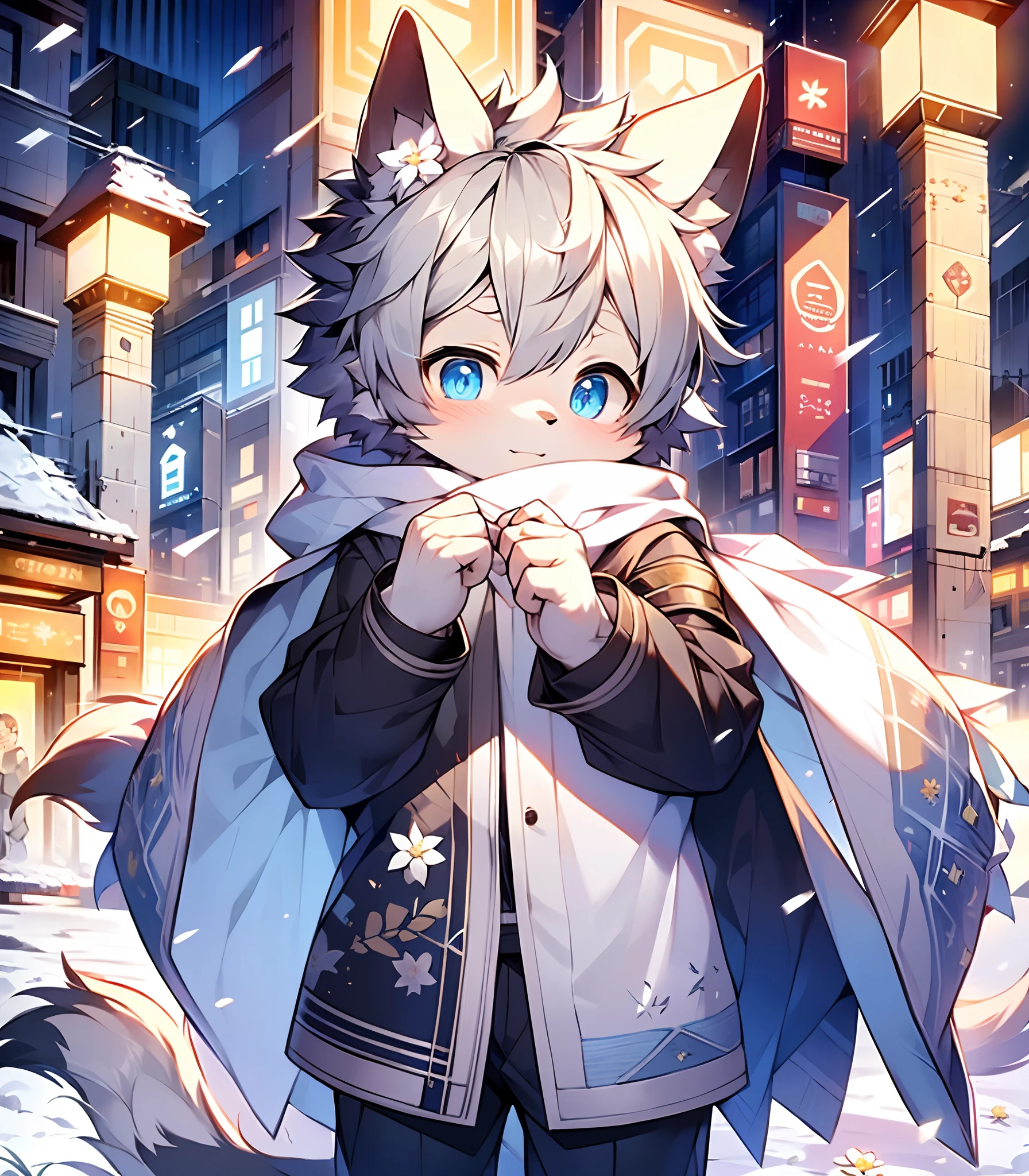 Highest image quality,A masterpiece,Delicate hands,finely-detailed eyes,Normal eyes,Gray wolf ears,Furry,Gray hair,adolable,Handsome,((White scarf)),Shota, Blue pupil, city night scene, Gray hair, By bangs,Dappled light and shadow, short detailed hair,ember,There are bright eyes of God, 城市,winter background,2022,Outfit in black,独奏,New Year,Melon seed face,snowflower,rcasual