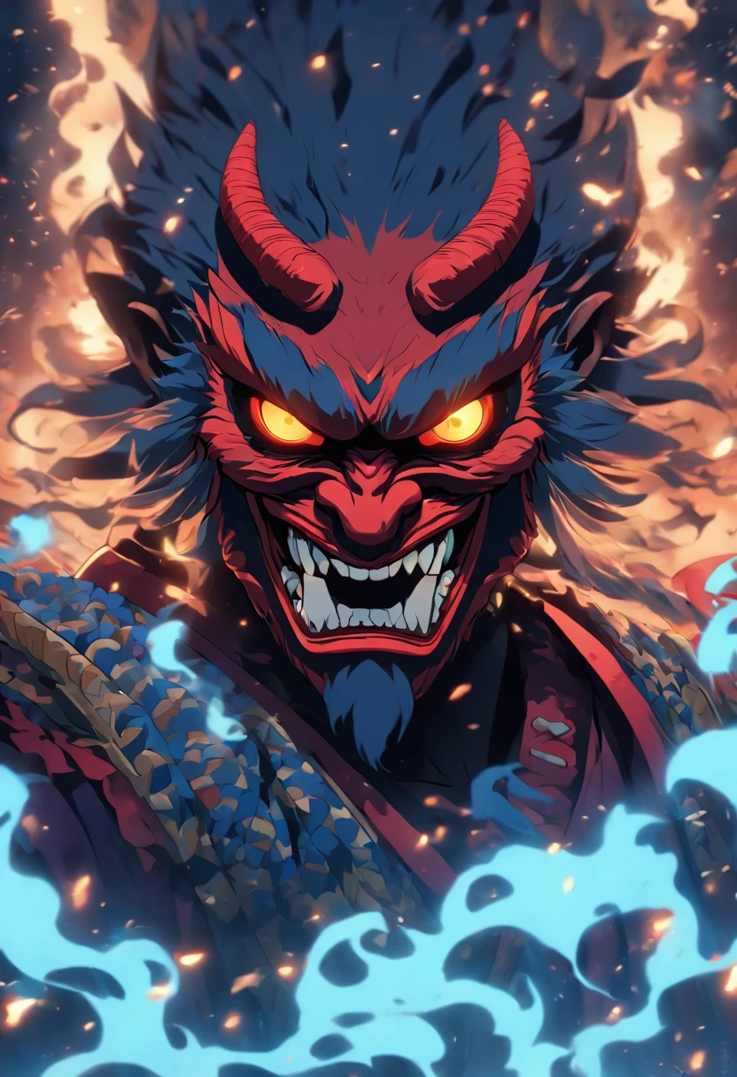 (((master part))),(((melhor qualidade))),(((amazing detail))),((illustration)),((A high resolution)),((8k)),Red Tengu mask,tom frio,Fresco,Ambiente Azul,Saltar,function style,Estilo escuro,fantasia sombria,irritado,Realistic,Meia-noite,Japanese,Samurai,intricate pattern,cama. blue smoke from the mouth