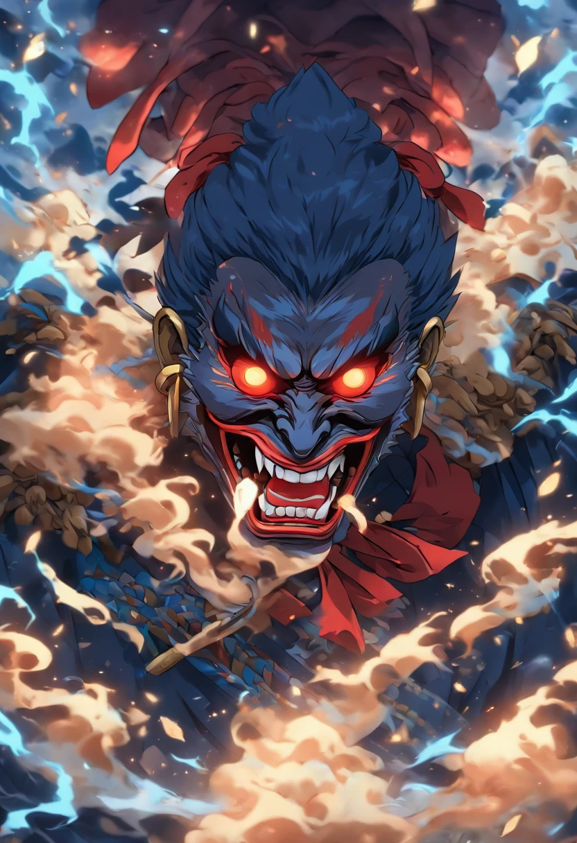(Style: horror, realism), (Perspective: close-up), (Scene: Jifu), (Subject: Zhong Kui, Ghost, Underworld Life), (Color: Black, Brown, Dark Red), (Special Effects: Smoke, Fire, Ghostly Roar)