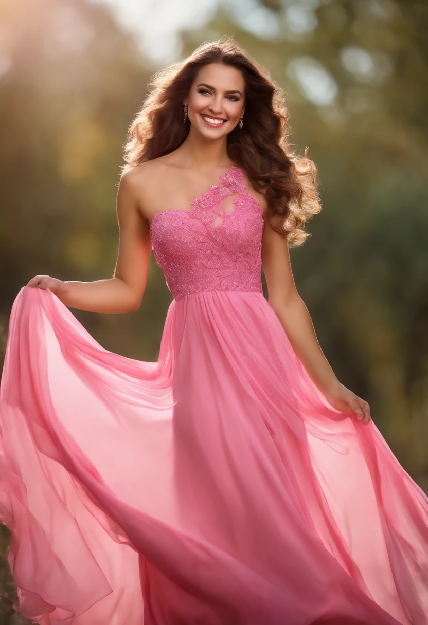 A beautiful woman wearing a pink dress and smiling, broken high detail, photorealistic, pink october