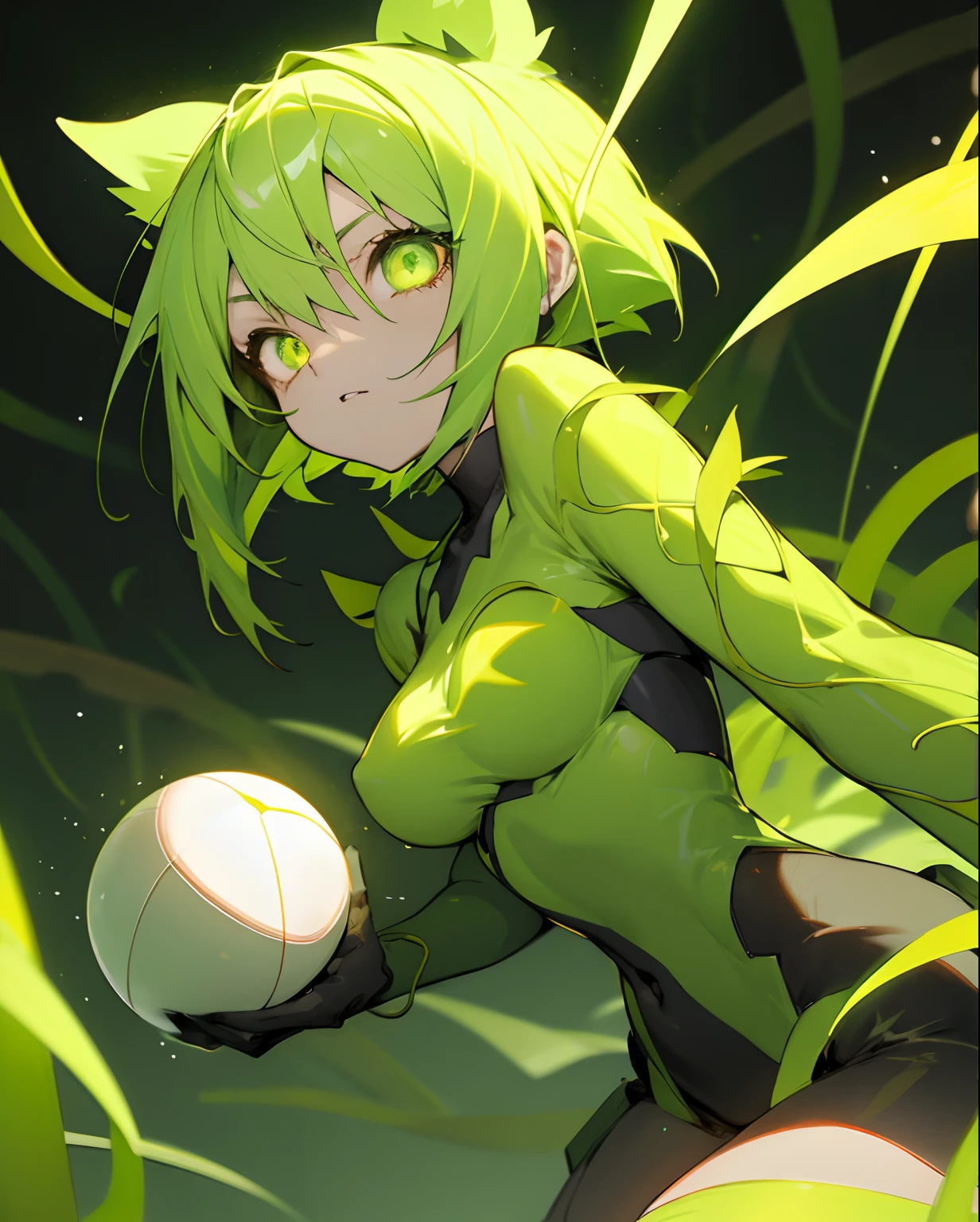 Loli, anime, girl, short, yellow green hair, vines, holding a ball of glowing vines, green neon eyes, closeup, green attire, goddess of nature, edgy, black glowing dagger