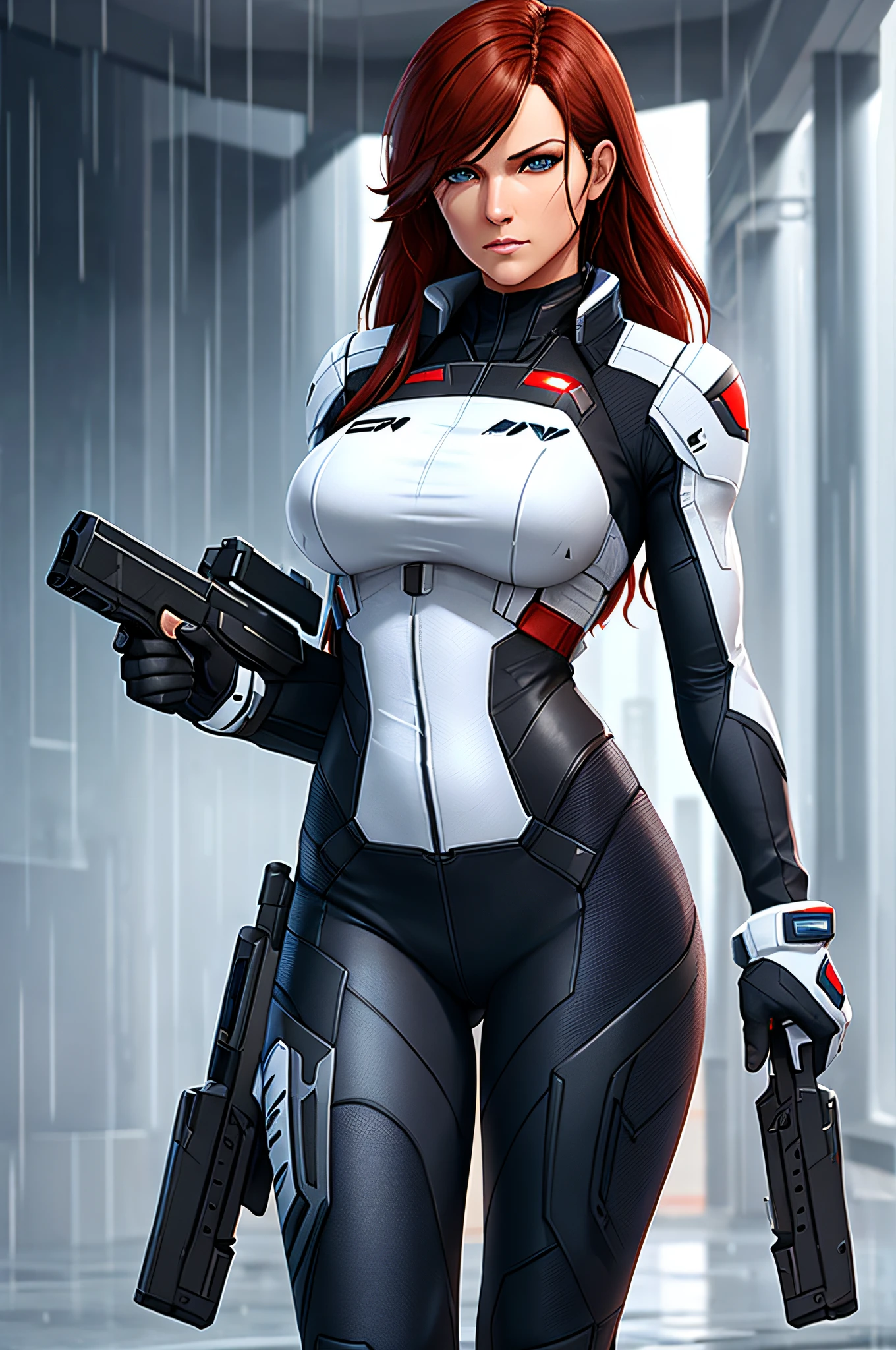 Miranda Lawson , fit body, white mass effect outfit, high resolution, ultrasharp face and eyes, 8k, sensual look, full body, long hair, wet and in the rain, with two guns