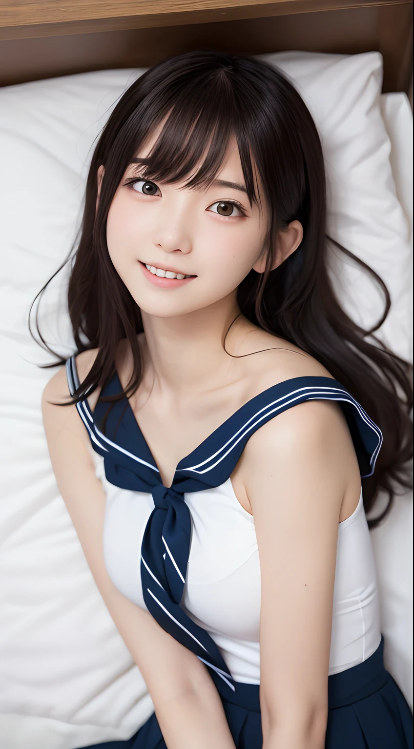 (One Girl), ((Very cute face)), Great face and eyes, (Highly detailed eyes, Highly detailed face), Fresh, Very beautiful appearance, (Ultra-realistic, High resolution), (highest quality:1.4), RAW Photos, (Realistic, Realistic:1.37), Professional photography , (see-through sailor uniform:1.1)  , Smile a little, (look at me) , Portrait of a Girl  , (gigantic breasts:1.3)   , ((()))   , ((junior high rown short hair:0.9) , (wavy hair:1.3) , (Nipples visible through sailor uniform:1.3) , (Please tilt your head a little) , Perfect nipples , ((Nipples are light pink )) , ((light pink areola))  ,  (sweating cleavage:1.2) , (cum on her breasts ) , (small nipples) , (upper body) , (lying down on the bed:1.3) , (young face:1.3) , (little girl:1.3) , (on your back:1.4) ng face:1.7) , (bare breasts:1.5) , (naked:1.3) , (bed on the back:1.3) , (braided hair:1.2)