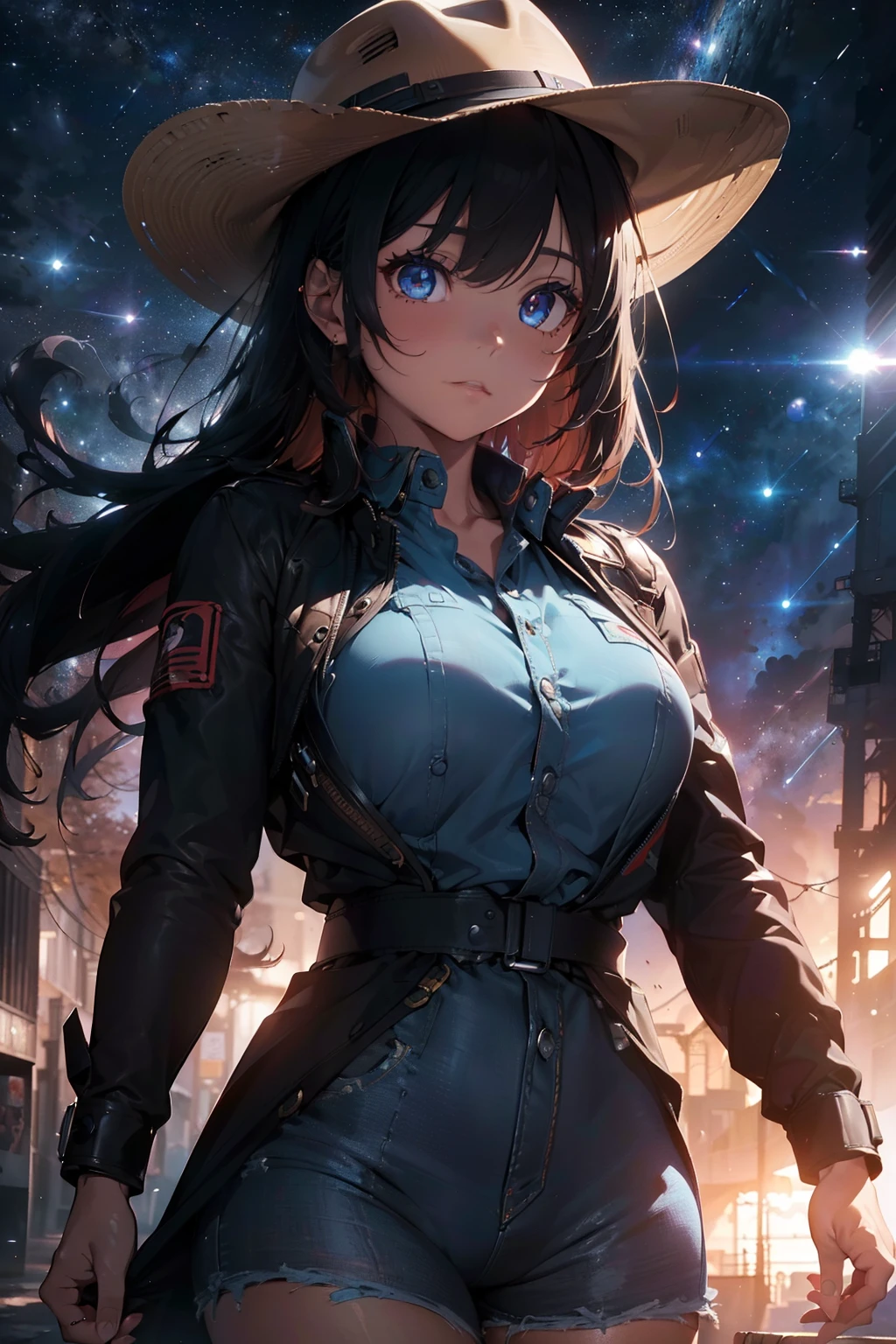 (Space Cowgirl:1. 4), (trenchcoat:1. 4), (cowboy hat:1. 4), Gundam armor and glowing accents. mecha, bodysuit, (beautiful detailed eyes, symmetrical eyes, (detailed face), dramatic lighting, (photorealism, photorealistic:1. 4), (8k, RAW photo, masterpiece), High detail RAW color photo, realistic, (highest quality), (best shadow), (best illustration), ultra high resolution, highly detailed CG unified 8K wallpapers, physics-based rendering, hyperrealism, rich colors, hyper-realistic lifelike texture, cinestill 800)