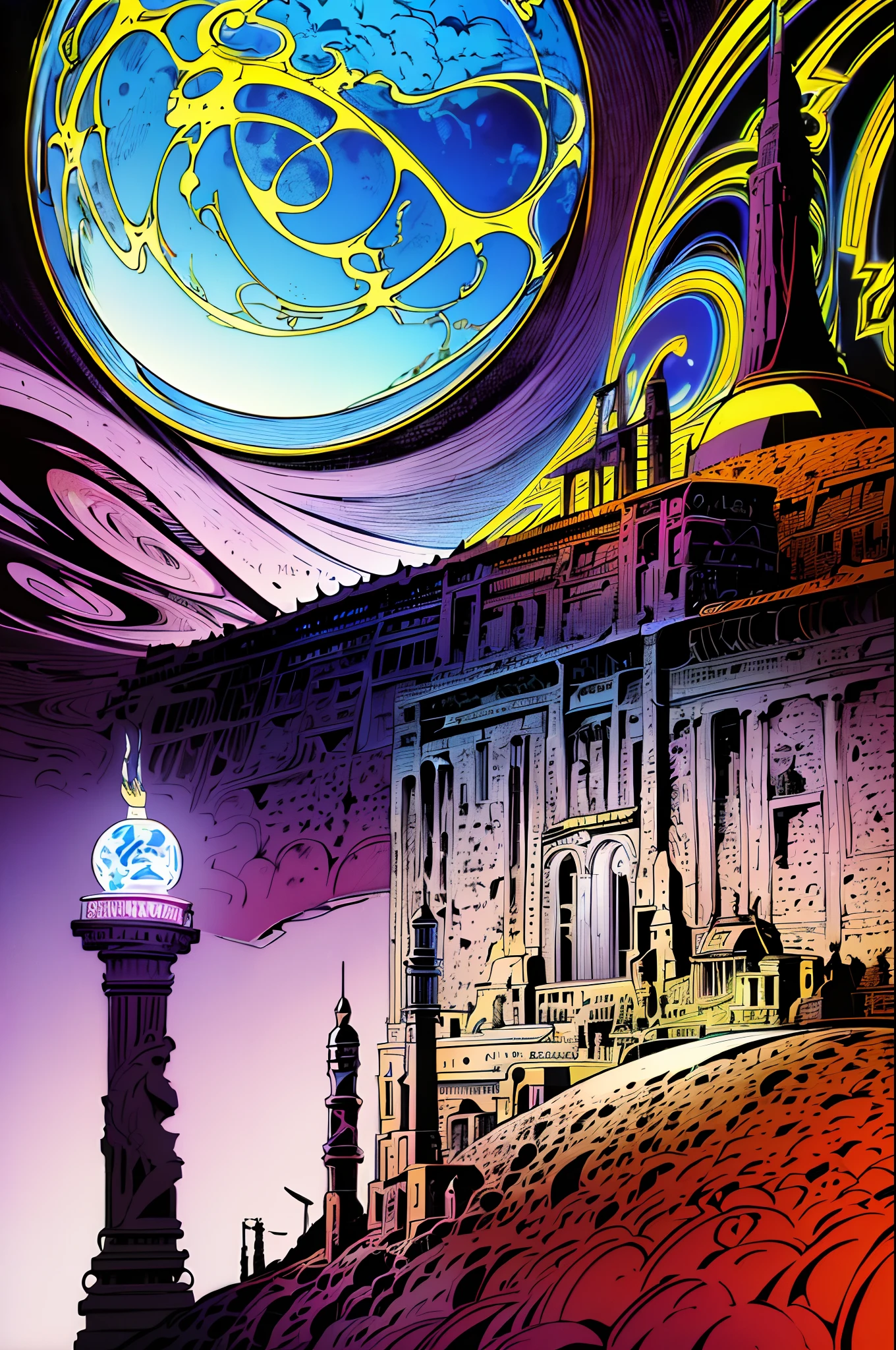 (best quality,4k,8k,highres,masterpiece:1.2),ultra-detailed,(1.37),by Moebius,methurlant, intricate, surreal, gritty, atmospheric, cinematic, stylized contrast, comic, eerie, cybernetic, futuristic, surreal fairy landscape, sun, planet, cake, moon, flowers