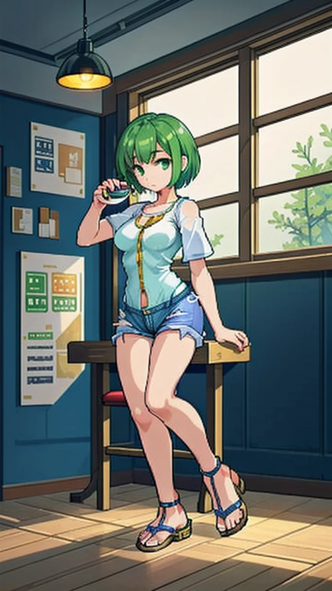 pixel, expansive landscape photograph , (view from below, It shows the sky above and the fields below.), Seen from a distance, flooring, Girl sitting on the floor and looking up,a chair, (big size ass, thick-thighs:0.7), (window:1.2), (A table:0.9) , Wood Break Production Art, (warm light source:1.2), (Cafe Background:1.3), intricated details, Volumetric lighting, Realism BREAK(masterpiece:1.2), (Top Quality), 4k, Ultra-detail, (Dynamic configuration:1.4), Very detailed and colorful details,(Rainbow colors:1.2), (Glowing lights, Atmospheric lighting), Dreamy, Magical, (Solo:1.2), intriciate detail, (skiny:1.5),1 belly button, Cheeky look, Sagging middle breasts, (Green Eyes:1.3), (Green short hair:1.5), (Dress Shirts, Denim shorts, sandals, Denim shorts:1.5), Dress Shirts, (Dynamic Pose, Dynamic Angle:1.2)