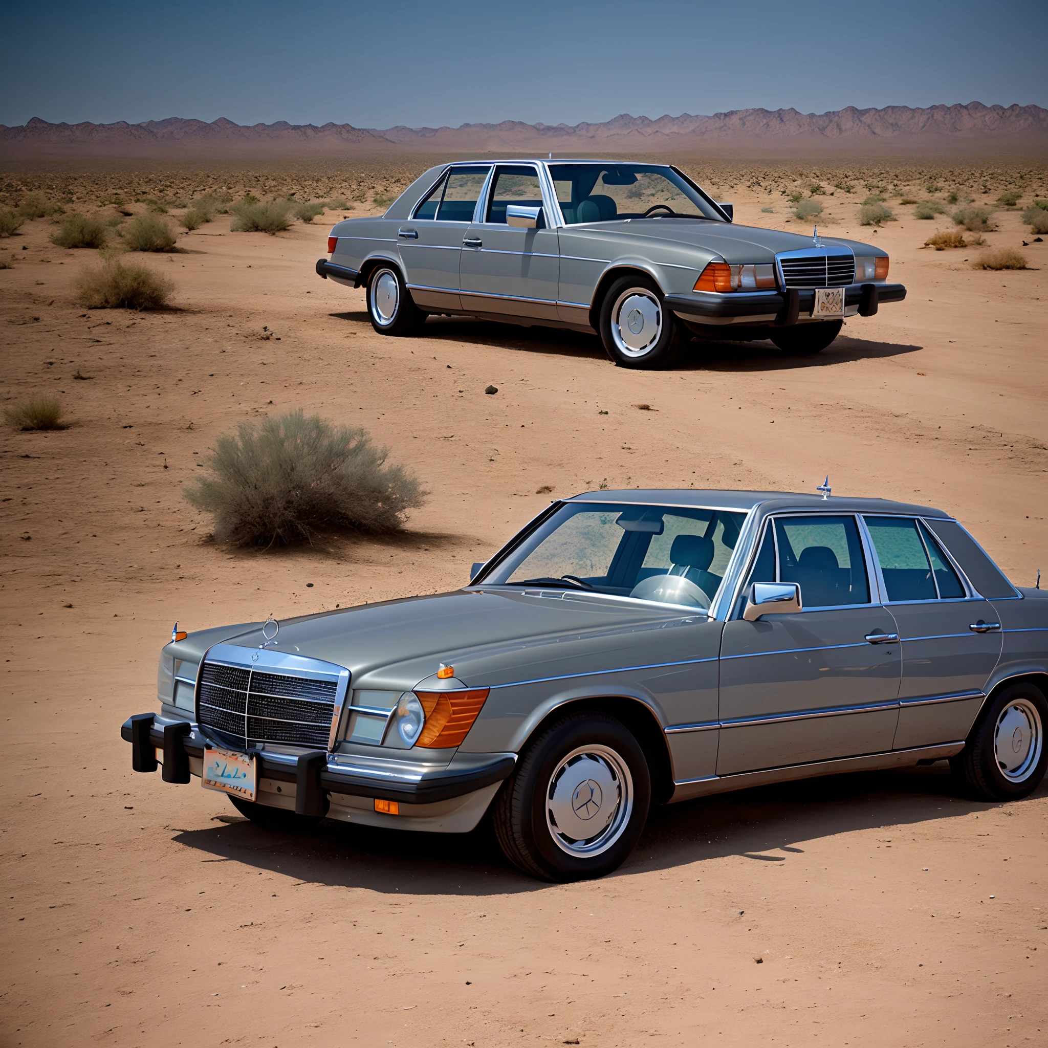 photo realistic 1984 300d mercedes set in a vacant dusty desert with a single gas pump. very film grain and moody vibe